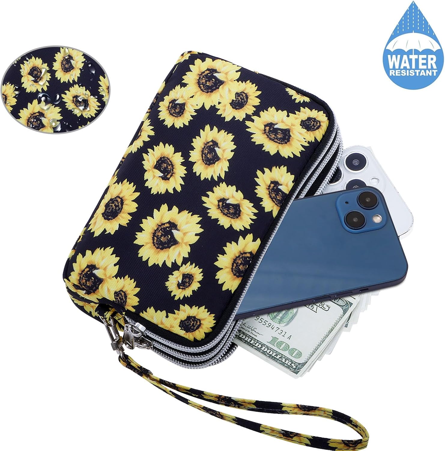 Cellphone Wristlet Wallets for Women Large Capacity Clutch Purse 3 Zipper Compartments 6 Card Slots Anti-water Handbag