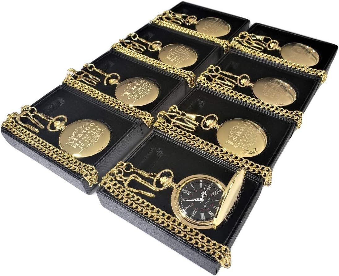 Gold Polished engraved pocket watches, set of 3 - gift set for Men or Women - Groomsmen personalized Watch with Chain and box included - Engraving included, Wedding set for Him or Her. (Gold Polished)