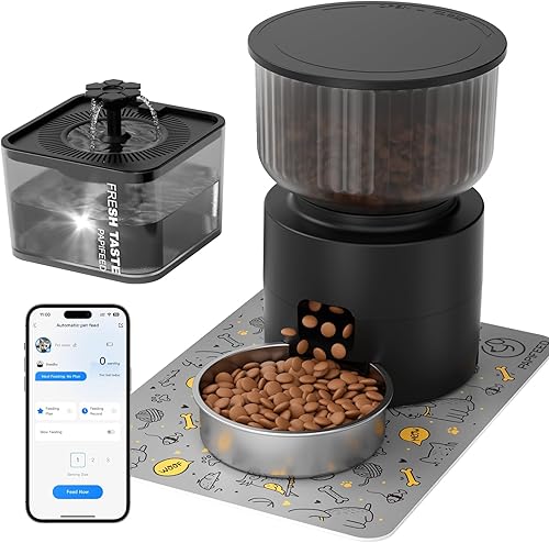 PAPIFEED Juego de alimentador automático para gatos de 3 litros y dispensador de agua de 3 L, cuenco de acero inoxidable, alimentador WiFi para