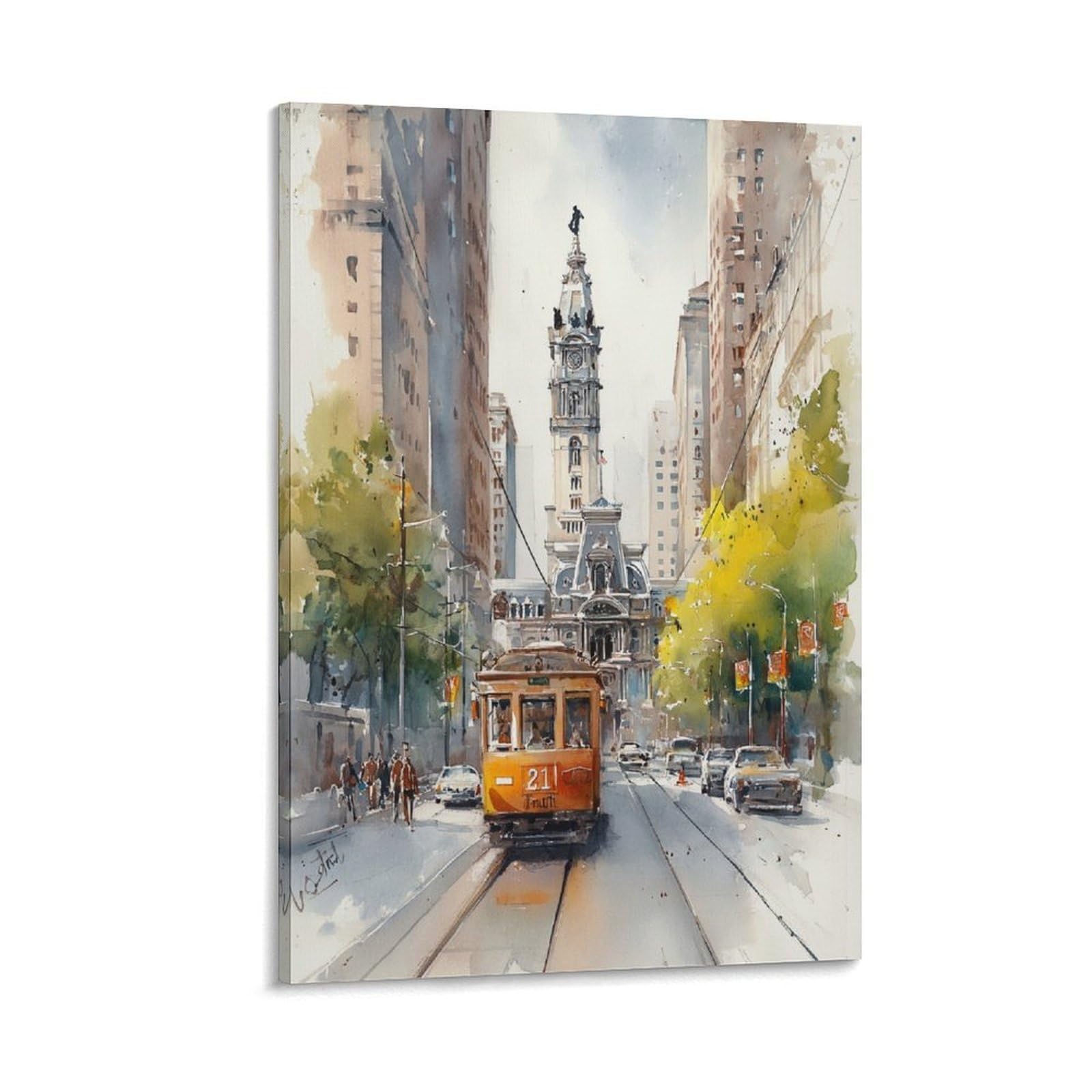 XWYMXZ Philadelphia Trolley Car 20x30inch(50x75cm) Vintage Travel Poster Watercolor Canvas Art