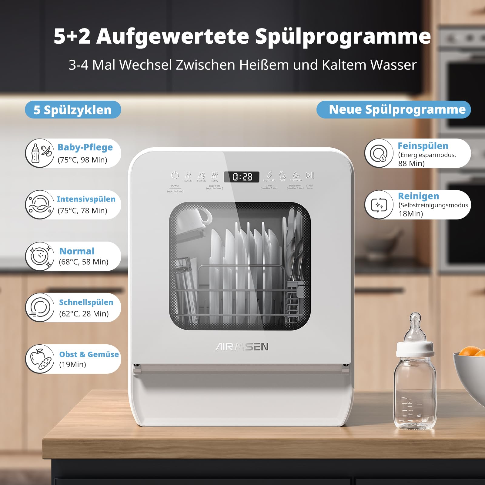 AIRMSEN Tischgeschirrspüler Mini Geschirrspüler 9 Programme 37x50cm Ultra-Schmal Tief 1-24H Timer 360° Doppelspray Weiß