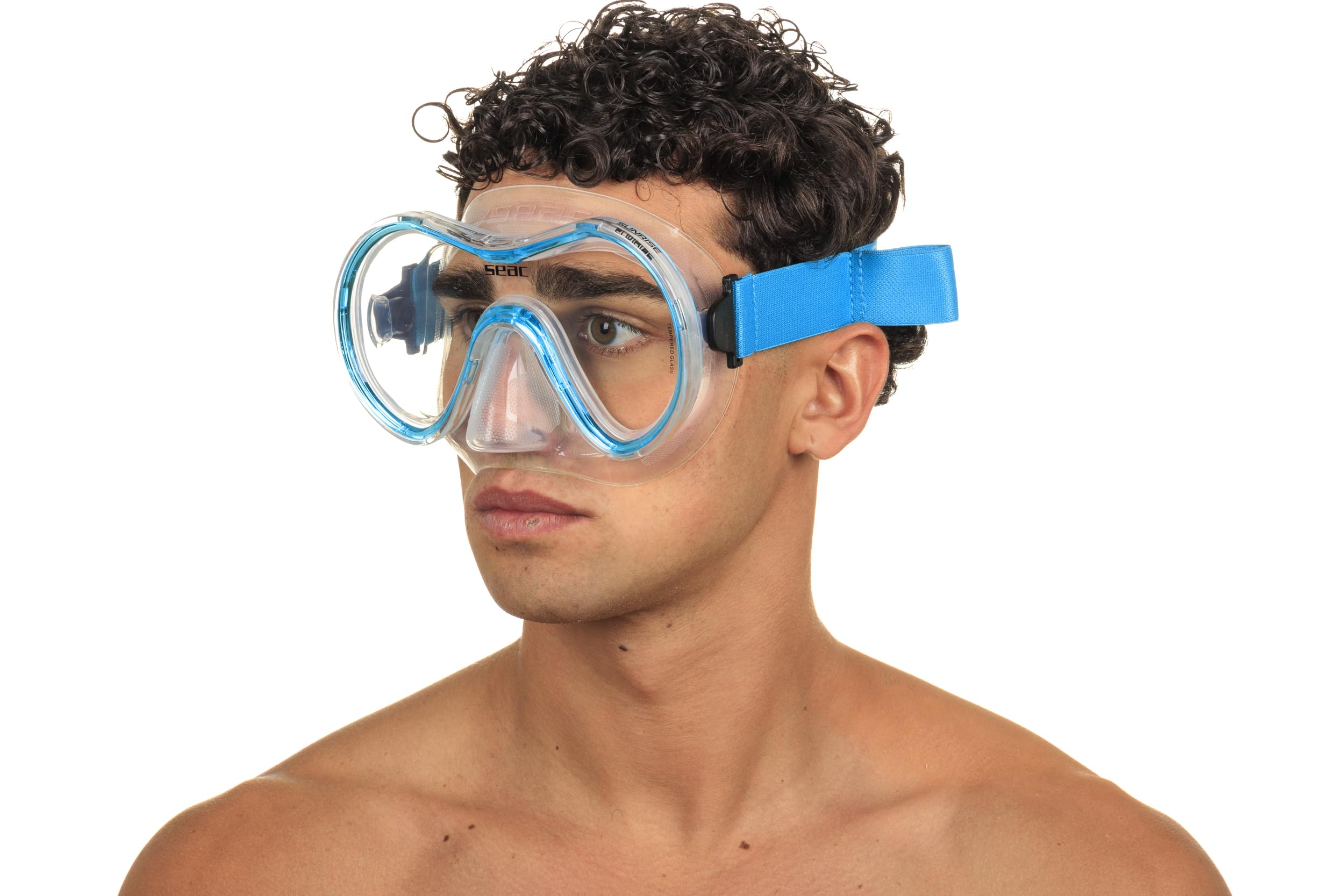 SEAC Unisex-Adult Sunrise Einteilige Tauch-und Schnorchelmaske aus gehärtetem Glas mit 3D-Schnalle, mit Kopfstück aus Textil oder Silikon