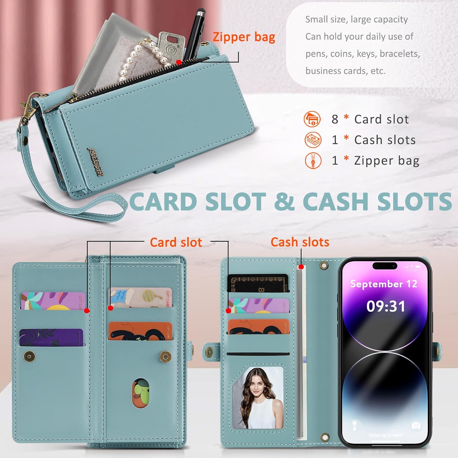 for iPhone 14 Pro Max Wallet Case, Detachable Magnetic Phone Case,Faux Leather Strap Wallet,with RFID Blocking,Zipper Card Holder,Shoulder Straps (Blue)