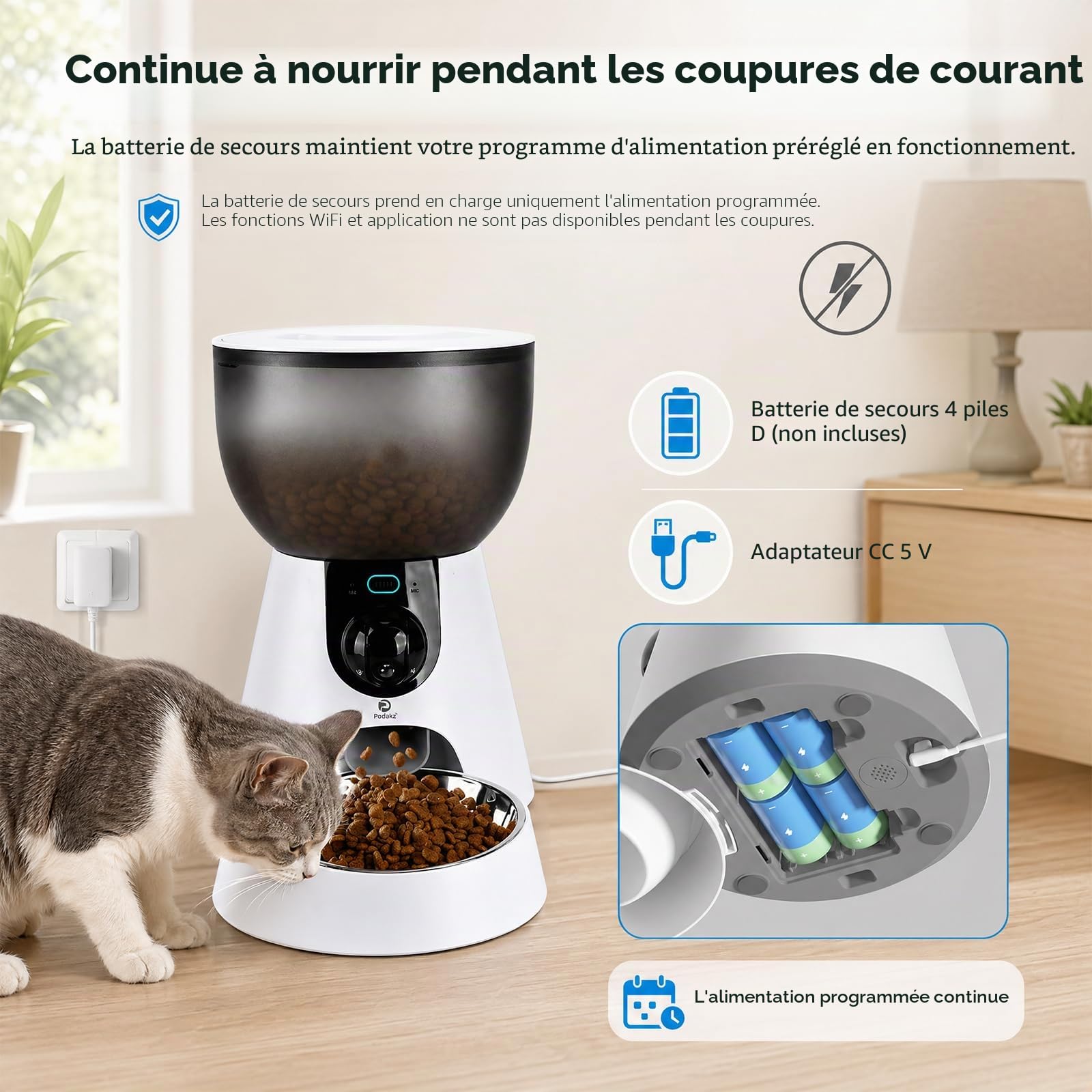 Podazz Distributeur Croquettes Chat Automatique avec Caméra 1080P, 2.4G/5G WiFi Gamelle Chat Automatique Contrôle Via App, Vision Nocturne, Audio Deux Voies, Bol INOX, Jusqu'à 10 Repas/Jour
