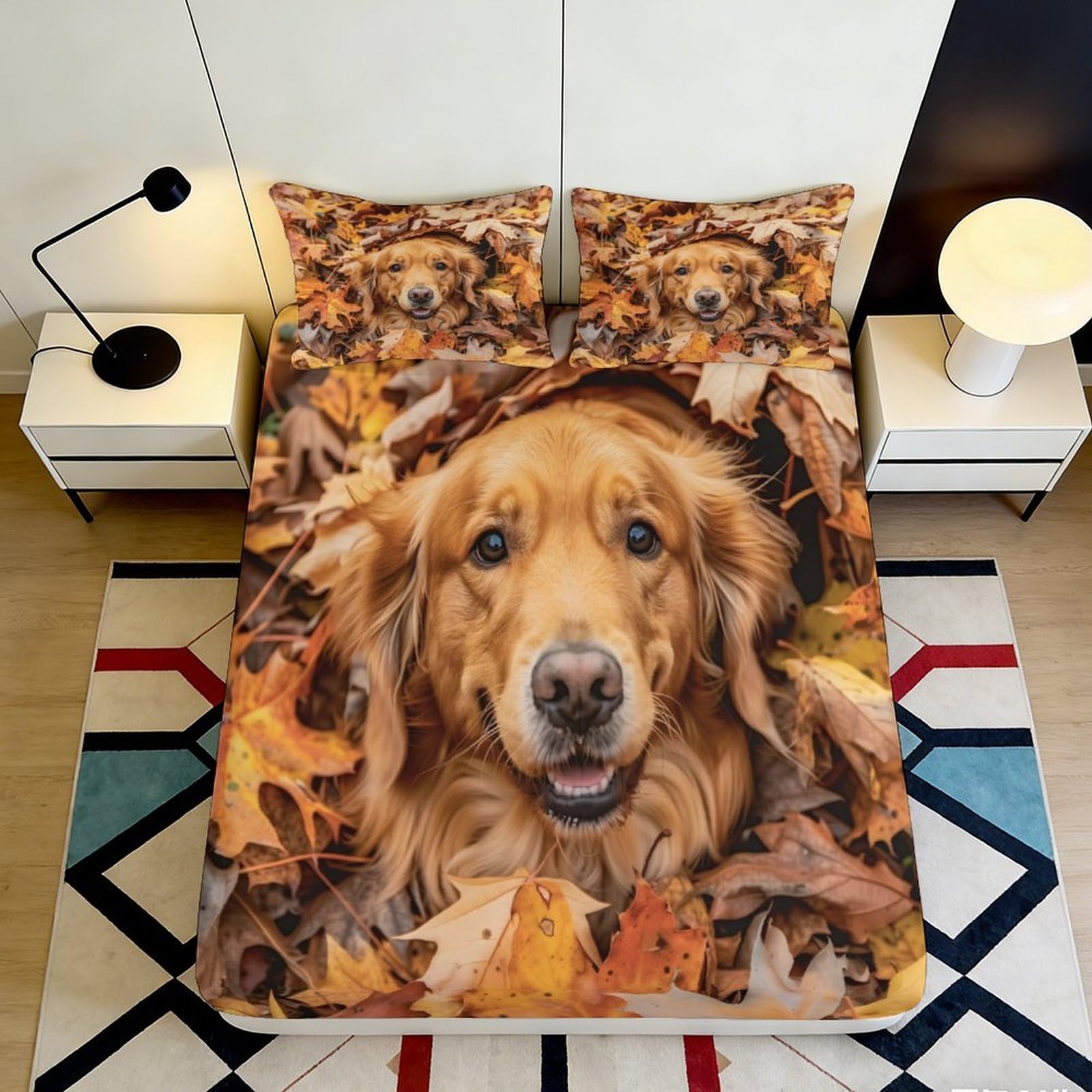 Pnayamiorkfel Style-2 3D Printed Golden Retriever Autumn Leaves Fitted Sheet Microfiber Soft Bed Cover For Bedroom Dorm Mattress Decor 90X200x25cm