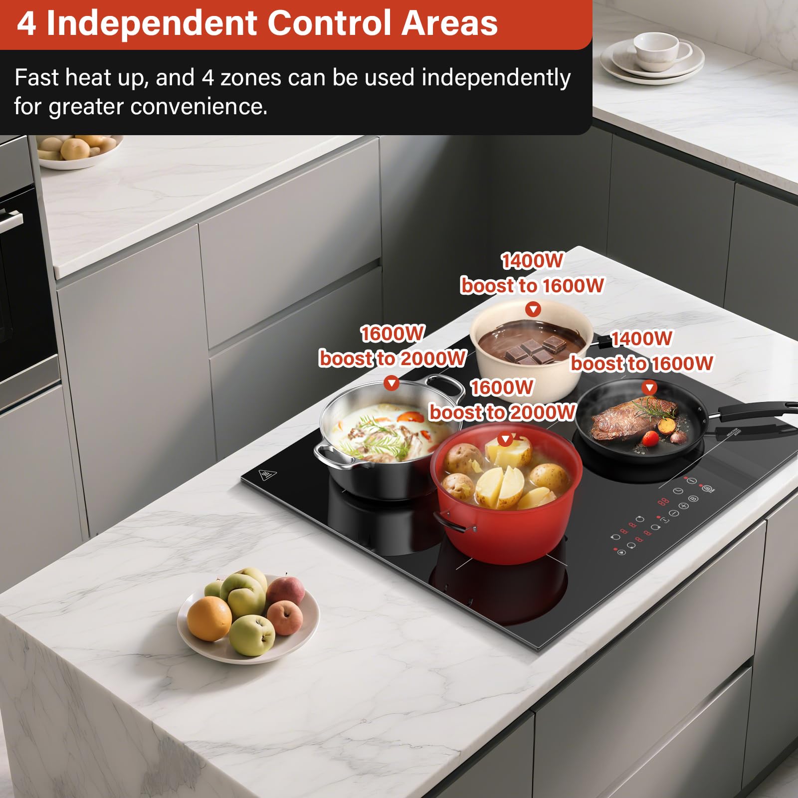 Induktionskochfeld 4 Zonen mit 1 flexzonen, Einbau Induktionskochfeld 60 cm, Induktion Herdplatte Kochfeld, mit Boost-Funktion, Touch Control, 6000W, 9 Leistungsstufen, 1-99 Min Timer - 3