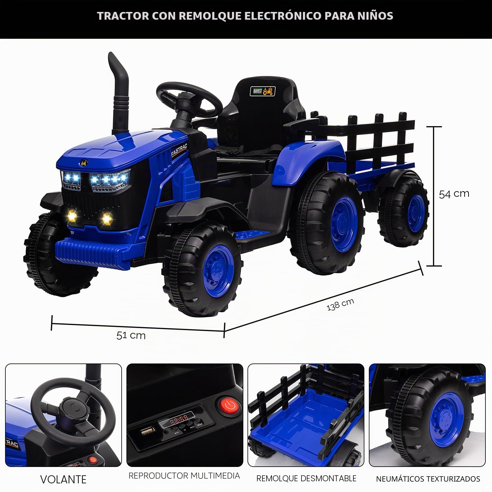 Tractor Eléctrico Niños con Remolque Desmontable Doble Motor 35W, Coche Eléctrico 12V a 6 Neumáticos para Niños con Control Remoto Música, 3 Velocidades, Faros de 7 LED, Cuerno (Azul)