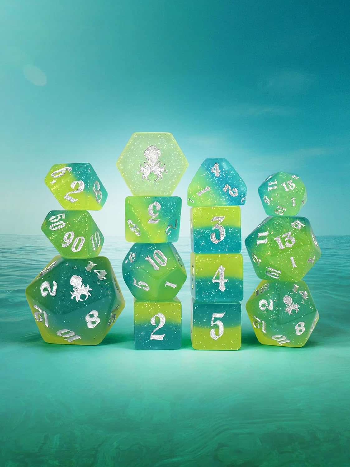 Kraken Dice Into The Deep UV Reactive 14pc Dice Set Inked in Silver