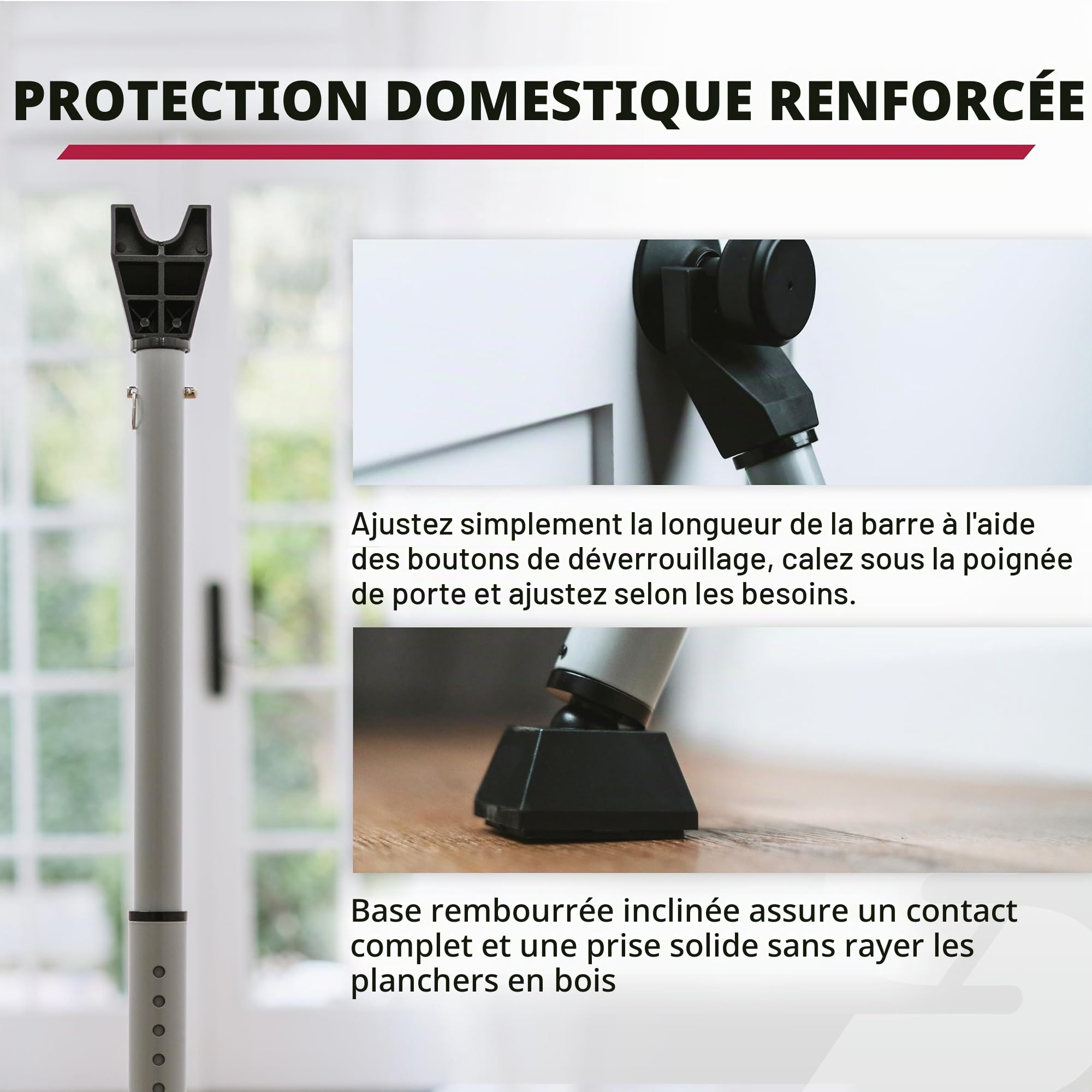 SABRE Barre de sécurité réglable 2 en 1 pour porte, cale-porte qui se fixe sur le bouton de porte, forte adhérence anti-rayures, stable contre le sol, bloqueur de bouton de porte supérieur amovible