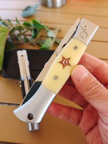 Miniatura 5 de Russian Finka-NKVD KGB - Cuchillo de bolsillo plegable, hoja de acero pulido de espejo de 3.74 pulgadas, mango de resina con incrustaciones de