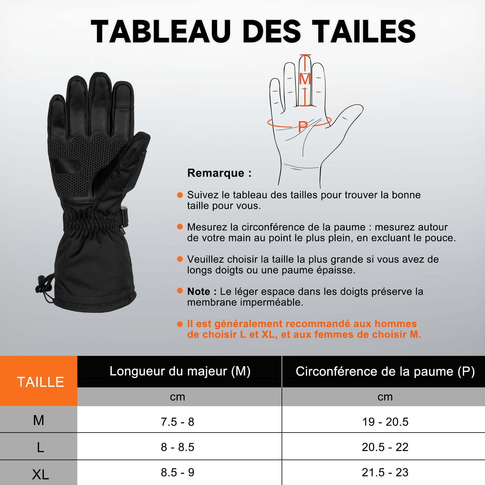 Gants Chauffants, 5V 6000mAh Électrique Rechargeable Gant Chauffant pour Homme Femme, 3 Niveaux De Chauffage Gants d'hiver Imperméables Écran Tactile pour Sports - Moto, Vélo