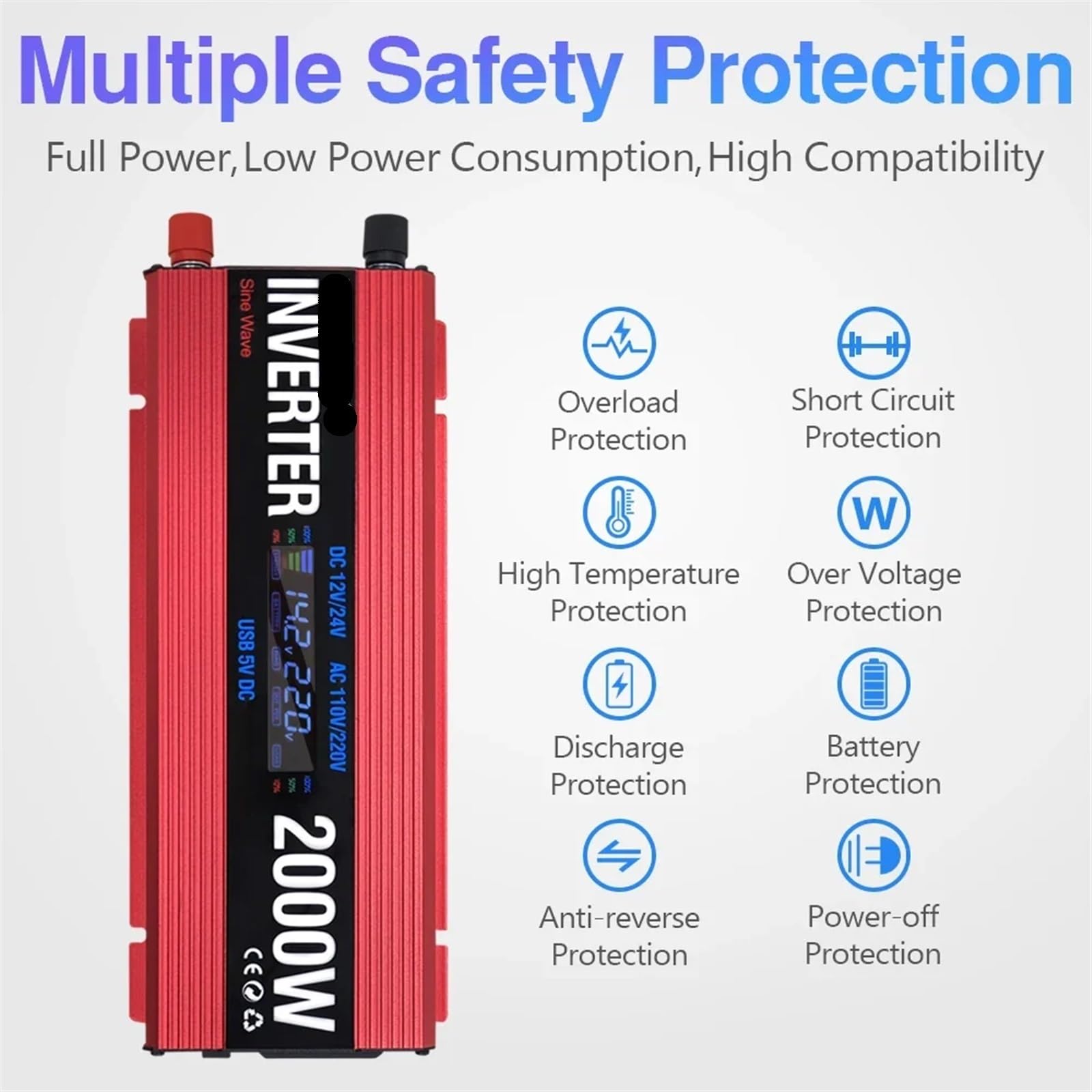 Microinversor, Inversores de energía solar 600W 1000W 2000W Onda sinusoidal modificada Inversor USB for automóvil Convertidor de voltaje Transformador CC 12V 24V CA(1000W)