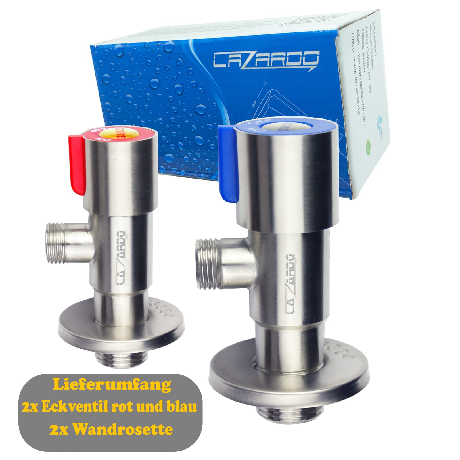 Juego de 2 válvulas de ángulo de acero inoxidable para lavabo, montaje en pared, 3/8", caliente frío