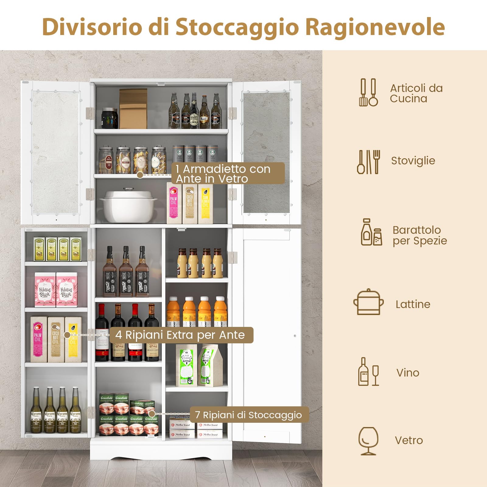 COSTWAY Credenza da Cucina, Dispensa da Cucina con Doppia Porta in Vetro Temperato, Armadio Salvaspazio con Anta Profonda a 14 Ripiani, per Soggiorno, Sala da Pranzo e Bagno, 60 x 32 x 161cm (Bianco)