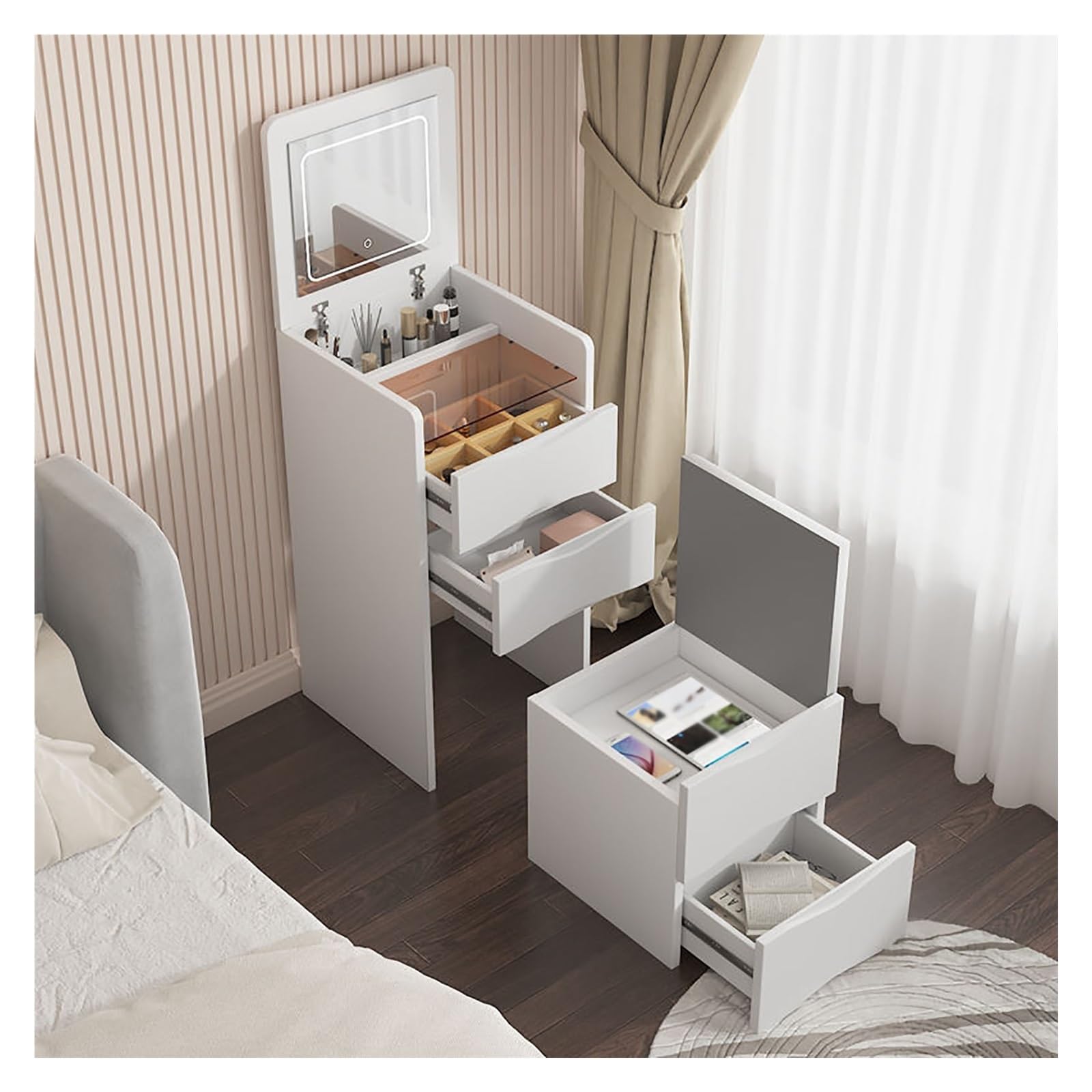 scrivania da trucco con specchio e cassetto contenitore