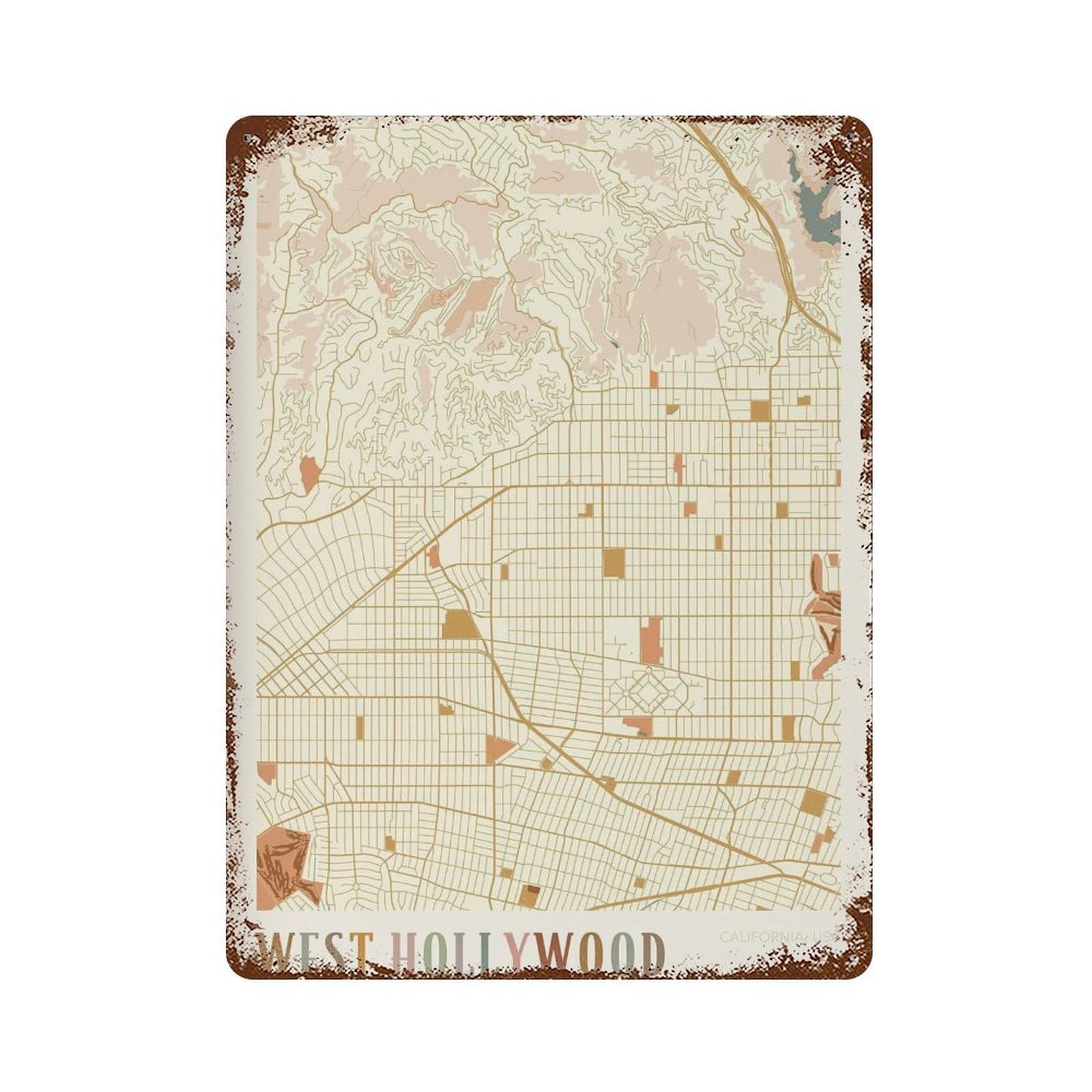 xiaoxiaoshen West Hollywood Map California Travel Gift Boho Wall Decor Art Metal Tin Poster Modern Home Decor Art Home Bar Shop Decorations Vintage Sign 40x30cm