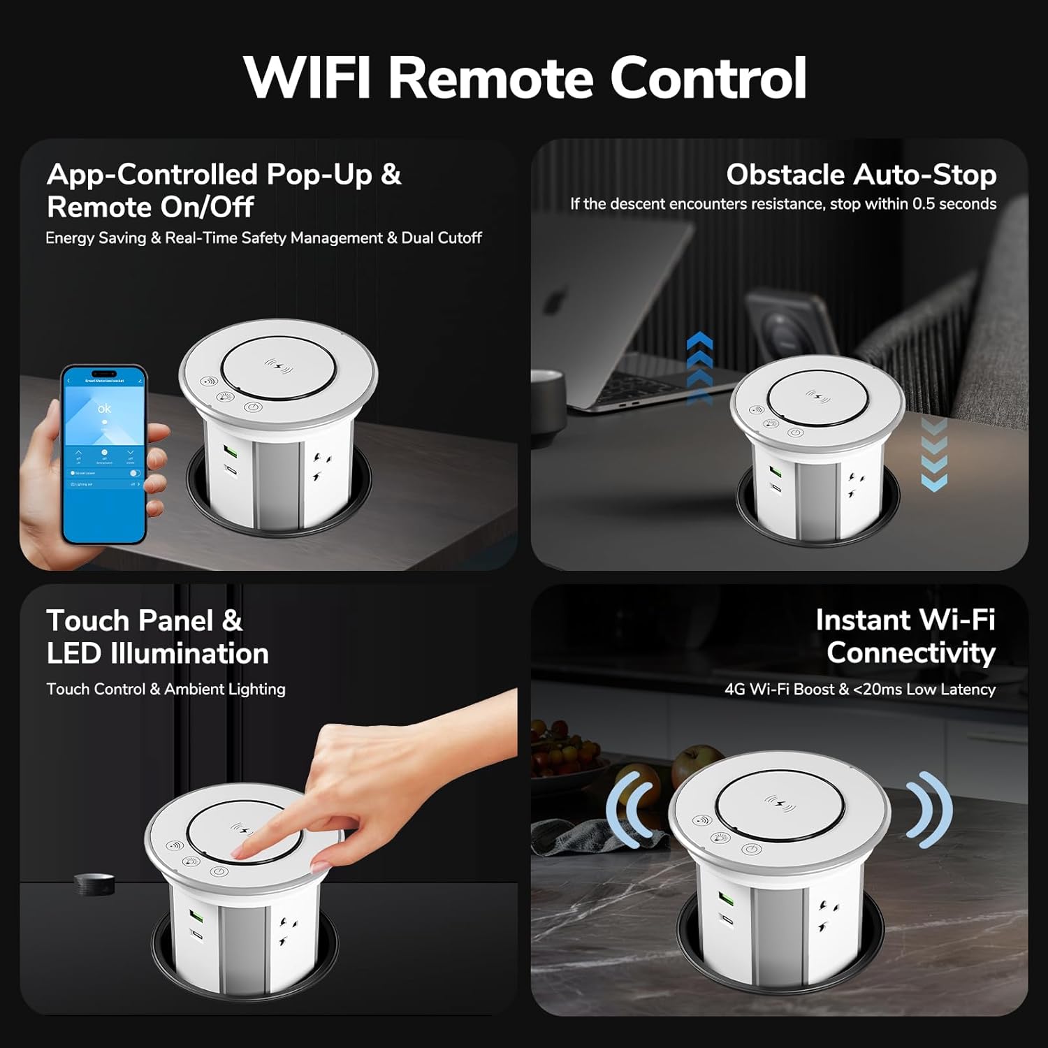 Pop Up Outlet for Countertop with 15W Wireless Charger & Mobile App Control-3 AC Outlets + USB-A & 20W USB-C Ports, 5.35" Recessed Pop Up Electrical Outlet Space Saver for Home Kitchen Office-White​