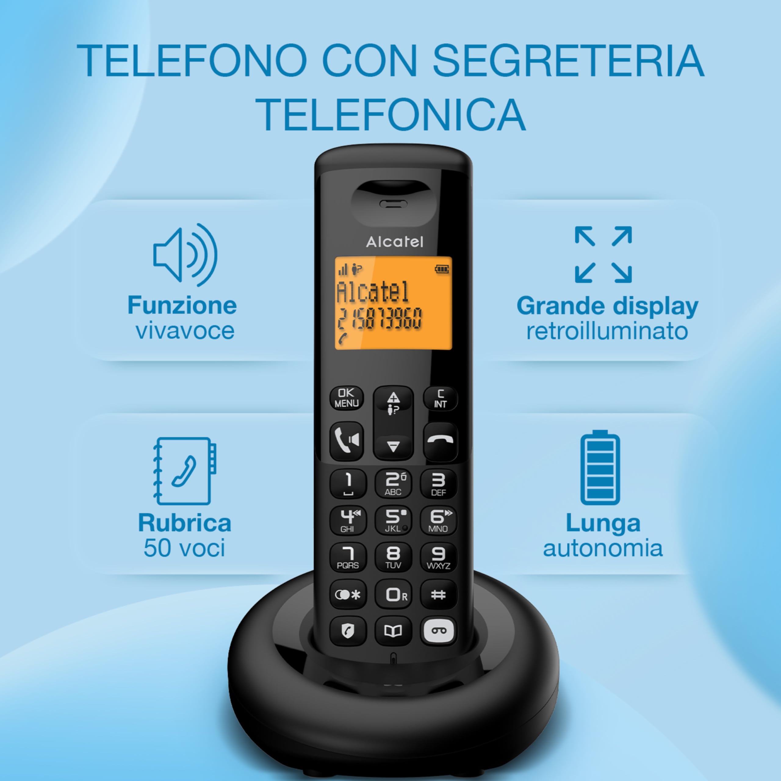 ALCATEL E260 S. Voice Trio - Telefono Fisso Cordless DECT con Segreteria - Design Compatto - Grande Display Retroilluminato - Vivavoce - Funzione Blocco Chiamate Indesiderate - 3 Portatili - Nero