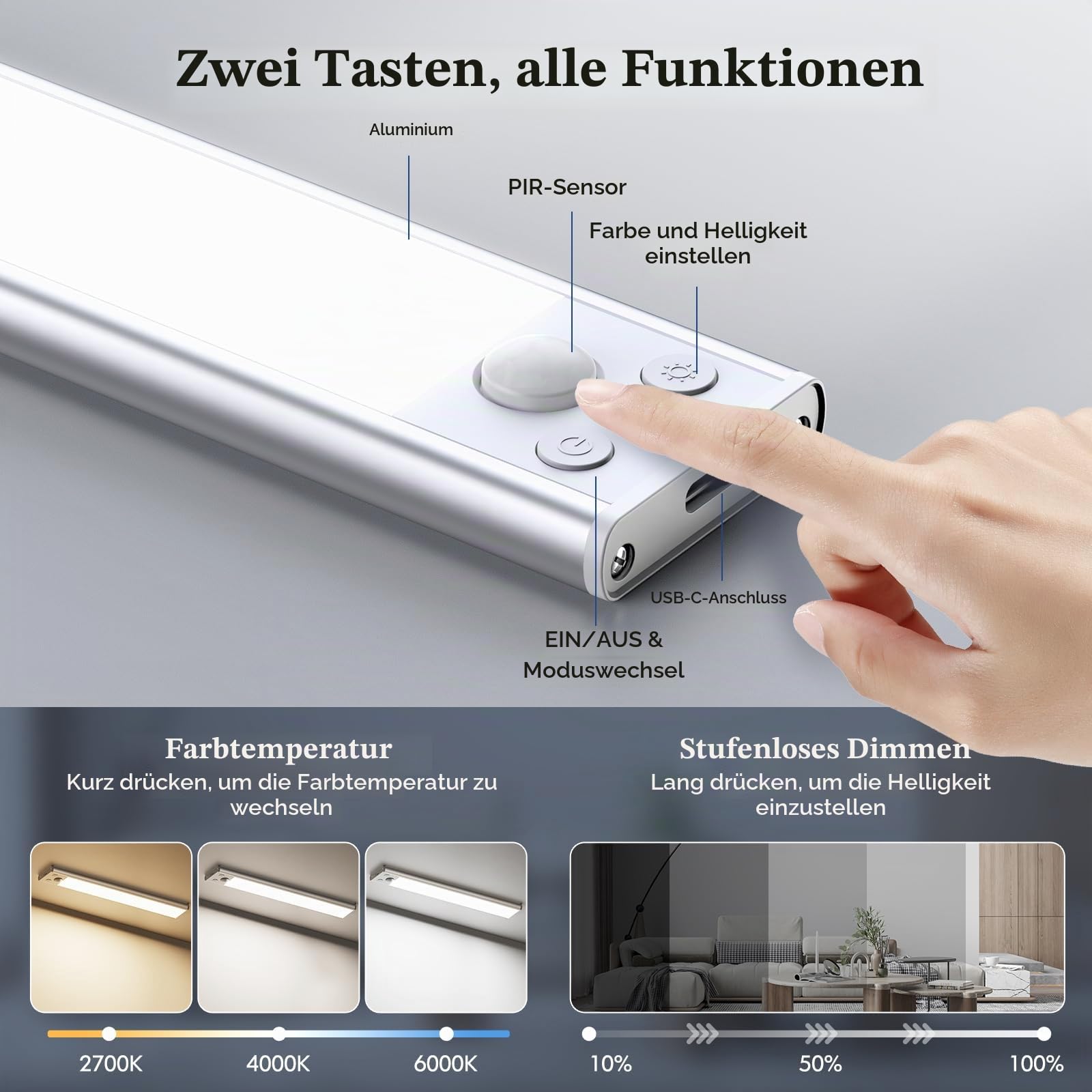 Demkia Schrankbeleuchtung Unterbauleuchte Küche LED mit Bewegungsmelder, 35cm Aufladbar Akku Lampe 3 Farbtemperaturen Kabellos Leiste Magnetische Licht Leuchte USB Kleiderschrank für Kleiderschrank