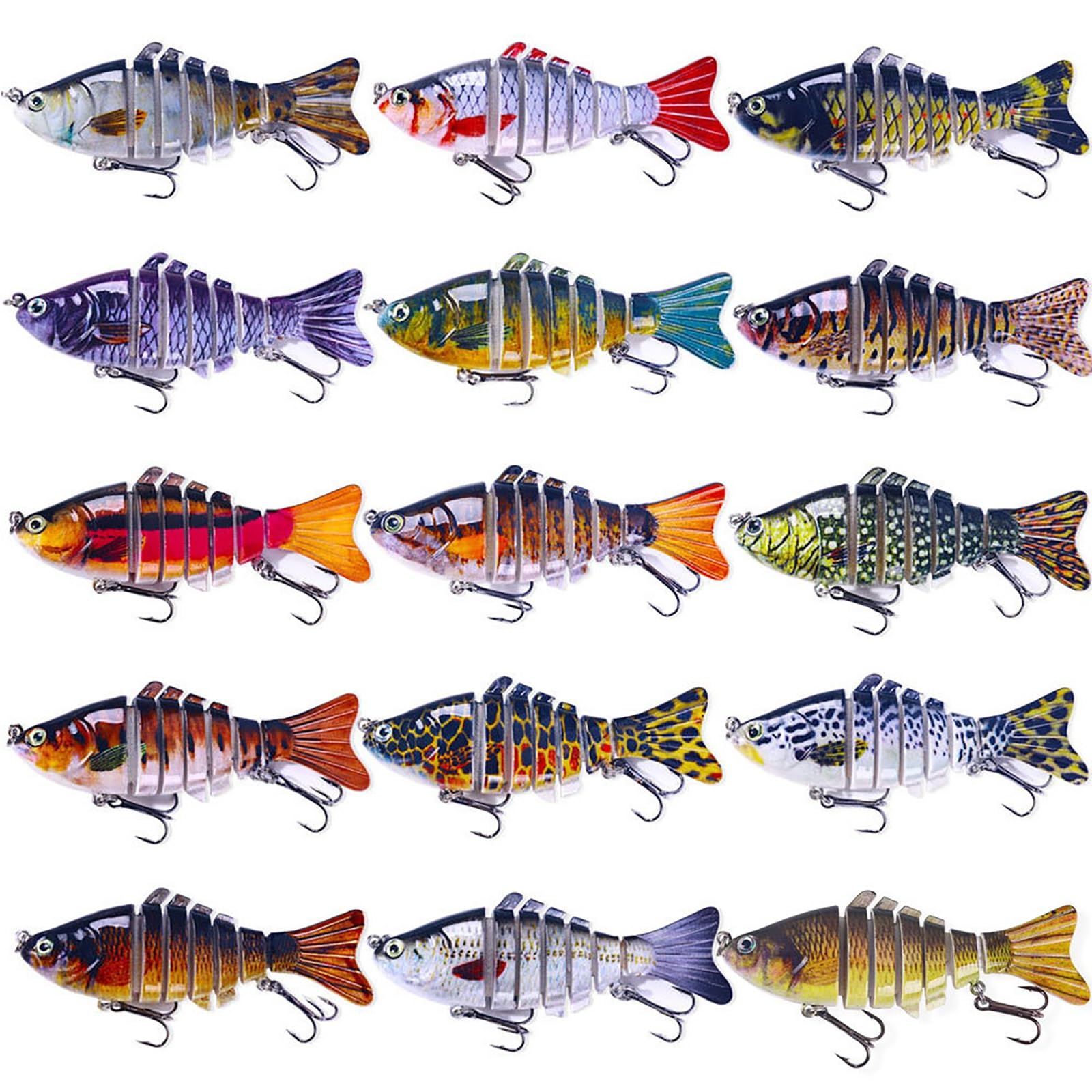 Leurre de Peche, Leurre Souple, Conception 3D Réaliste, Leurre Multi-articulé, pour Eau Salée et Eau Douce, pour Truite, Bar, Saumon(15pcs)