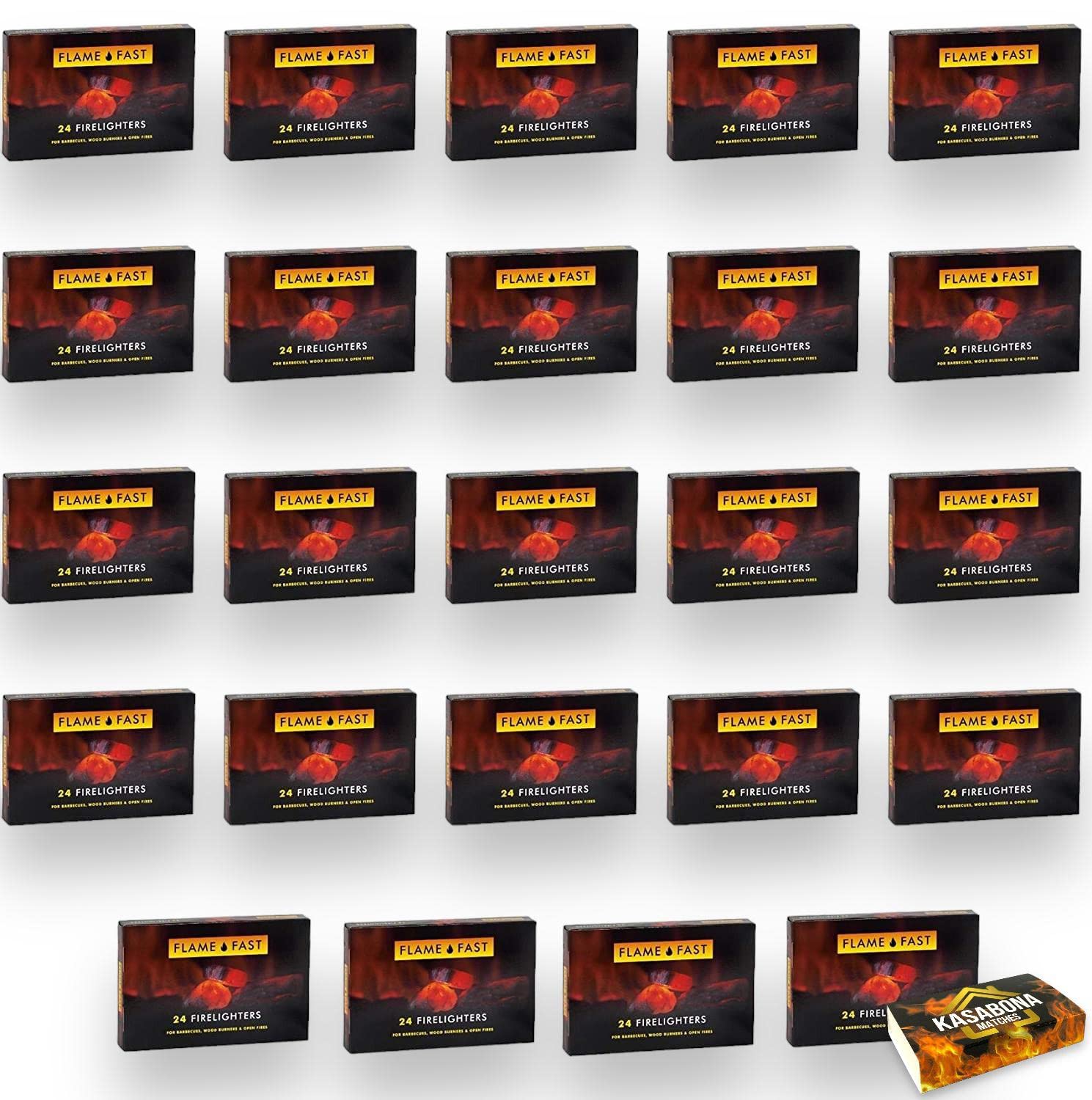 Flamefast Firelighters Bulk Pack - Fire Starter Blocks, Hotspot Burners for BBQ, Open Fire With KasaBona Safety Matches - 24 Firelighters (576 Count)