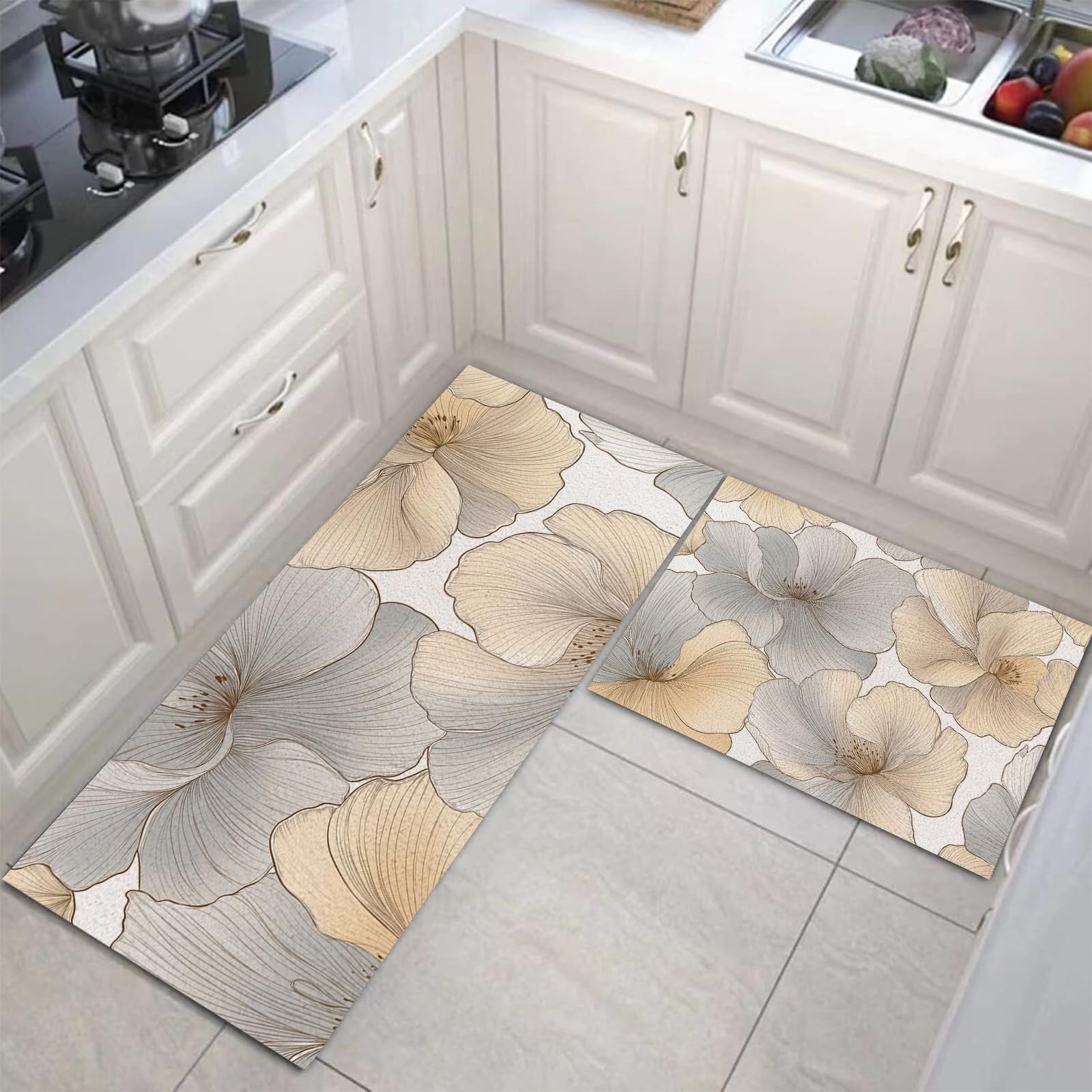 Tapis de cuisine pour couloir et salon - Lot de 2 carpettes grises à fleurs lavables
