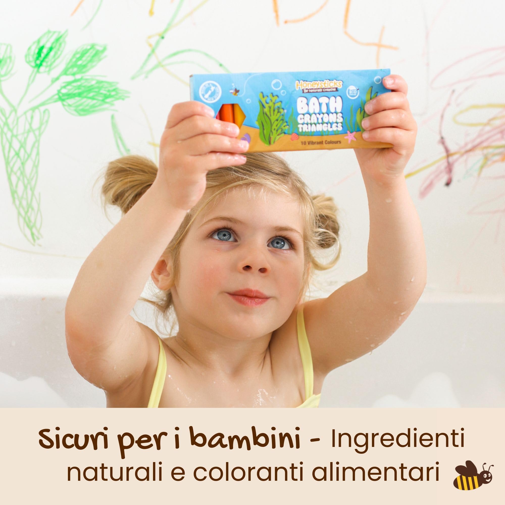 Honeysticks Pastelli triangolari da bagno per bambini e bambini (10 pezzi), cera d'api naturale per il divertimento della vasca da bagno, senza profumo, fantastici giocattoli da bagno, colori vivaci.