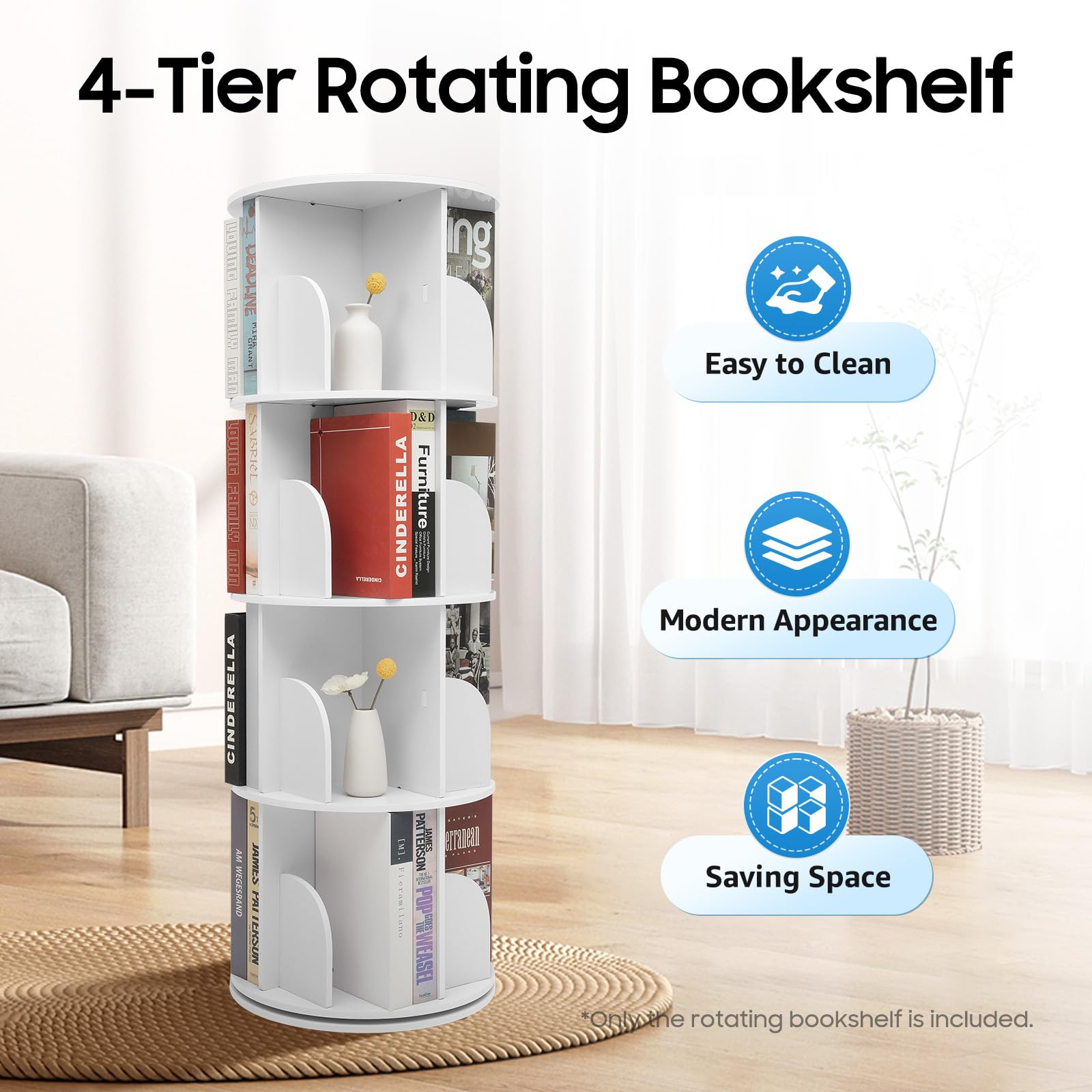 Libreria girevole a 4 ripiani, scaffale girevole a 360°, con 16 scomparti, portata 60 kg, materiale in PVC e antiribaltamento, scaffale salvaspazio per libri, giocattoli, decorazione, con tovaglia