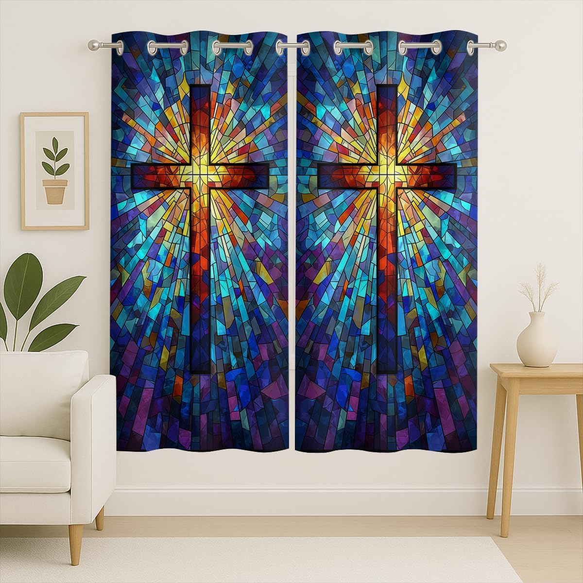 Colorful Stained Glass Curtain, Religious Mosaic Jesus Multicolored Saints, Grommet Curtains for Entryway or Small Meditation Space, 42 x 45 Inch, Thermal Insulated Darkening Drapes