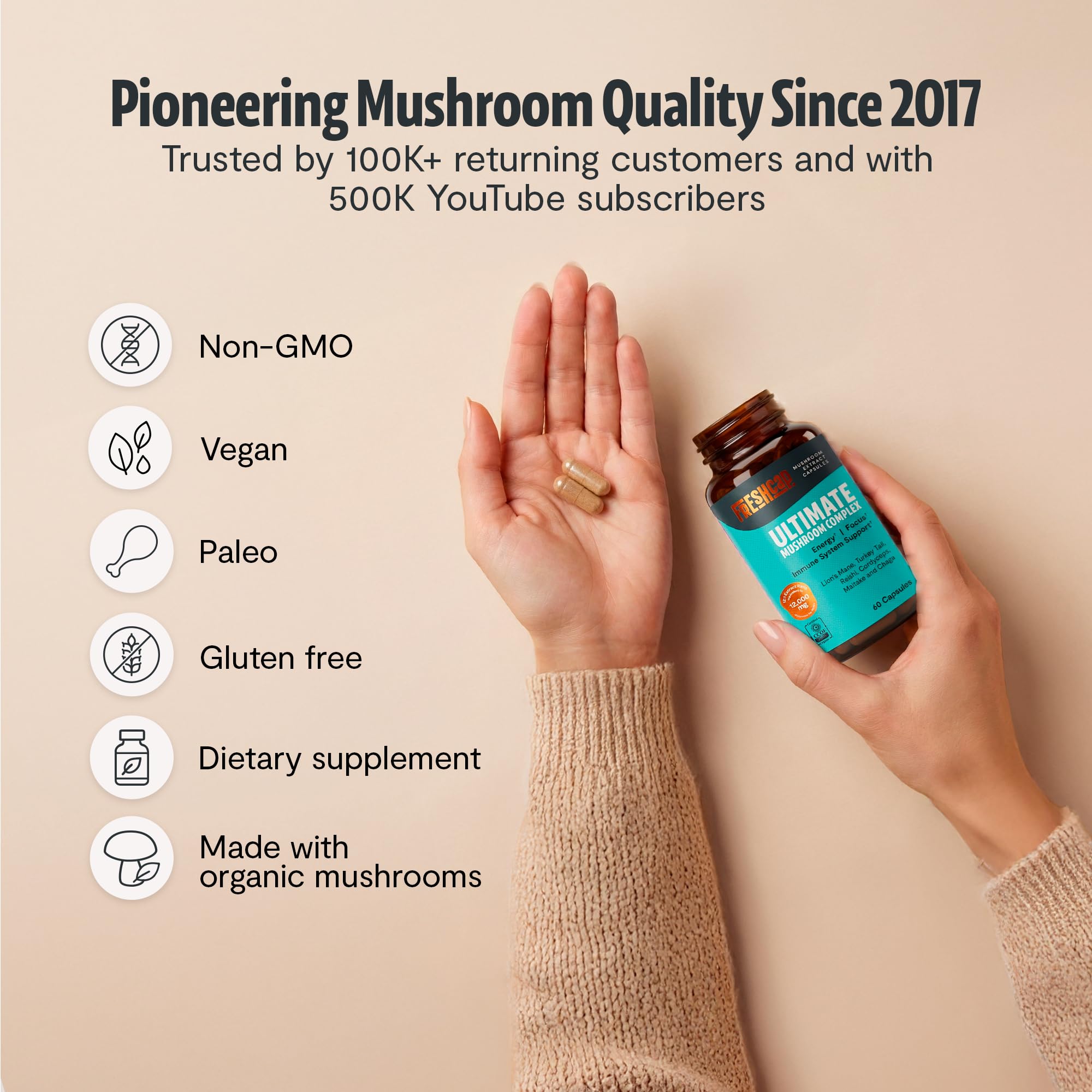 FreshCap Mushrooms Ultimate Mushroom Supplement 12,000mg - Nootropic Mushroom Complex Capsules, Organic Mushrooms Supplement, Nootropic Brain Supplements for Memory and Focus Ayurveda (60 Capsules)