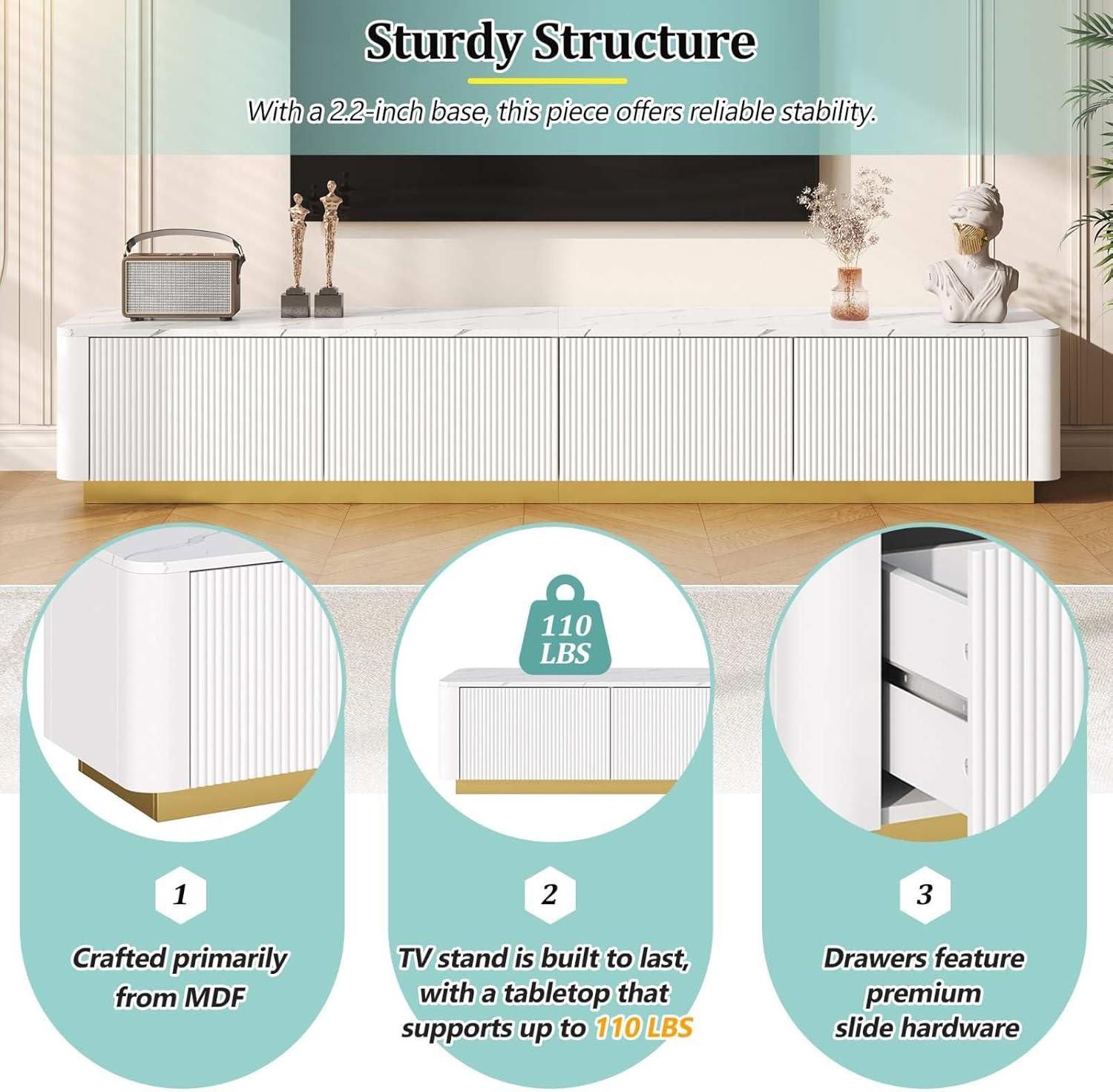 Luxury Fluted TV Stand for TVs Up to 85", Faux Marble Media Console with 4 Storage Drawers, Modern Entertainment Center with Gold Base for Living Room