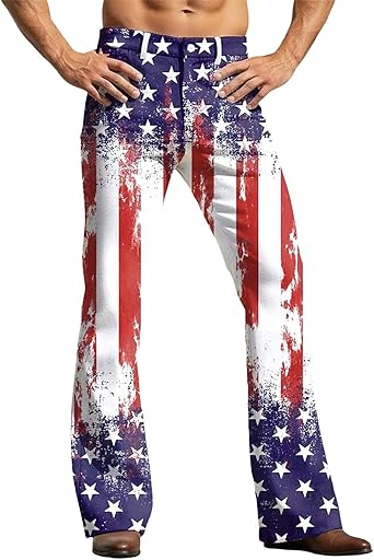 HJINGSUN Mens Bell Bottom Pants 70s Vintage Star Striped American Flag Flared Pants 250 Anniversary USA Patriotic Trousers