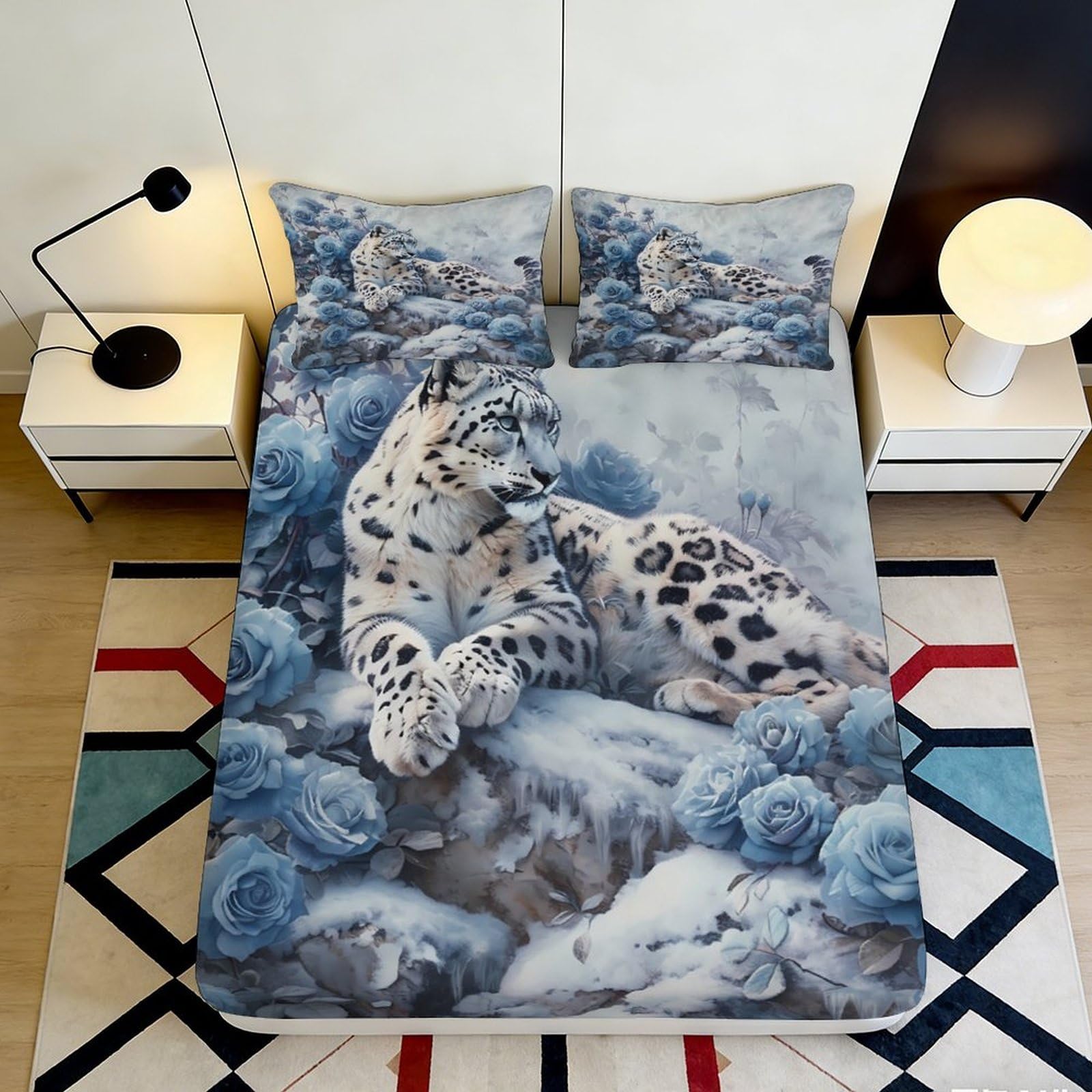 3D Printed Snow Leopard Fitted Sheet Microfiber Blue Rose Mattress Cover Non-slip Washable Bedroom Decor Adult Teen 180x200x25cm