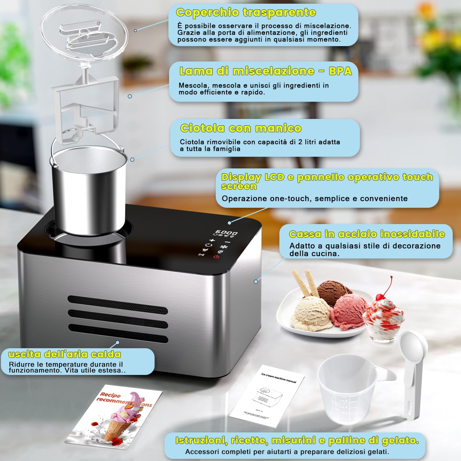 Vpcok Direct Gelatiera 2L con Compressore Macchina per Gelato 150 w Display LED Touch Timer regolabile Gelatiera Autorefrigerante Professionale Cestello Antiaderente per Creme Gelato