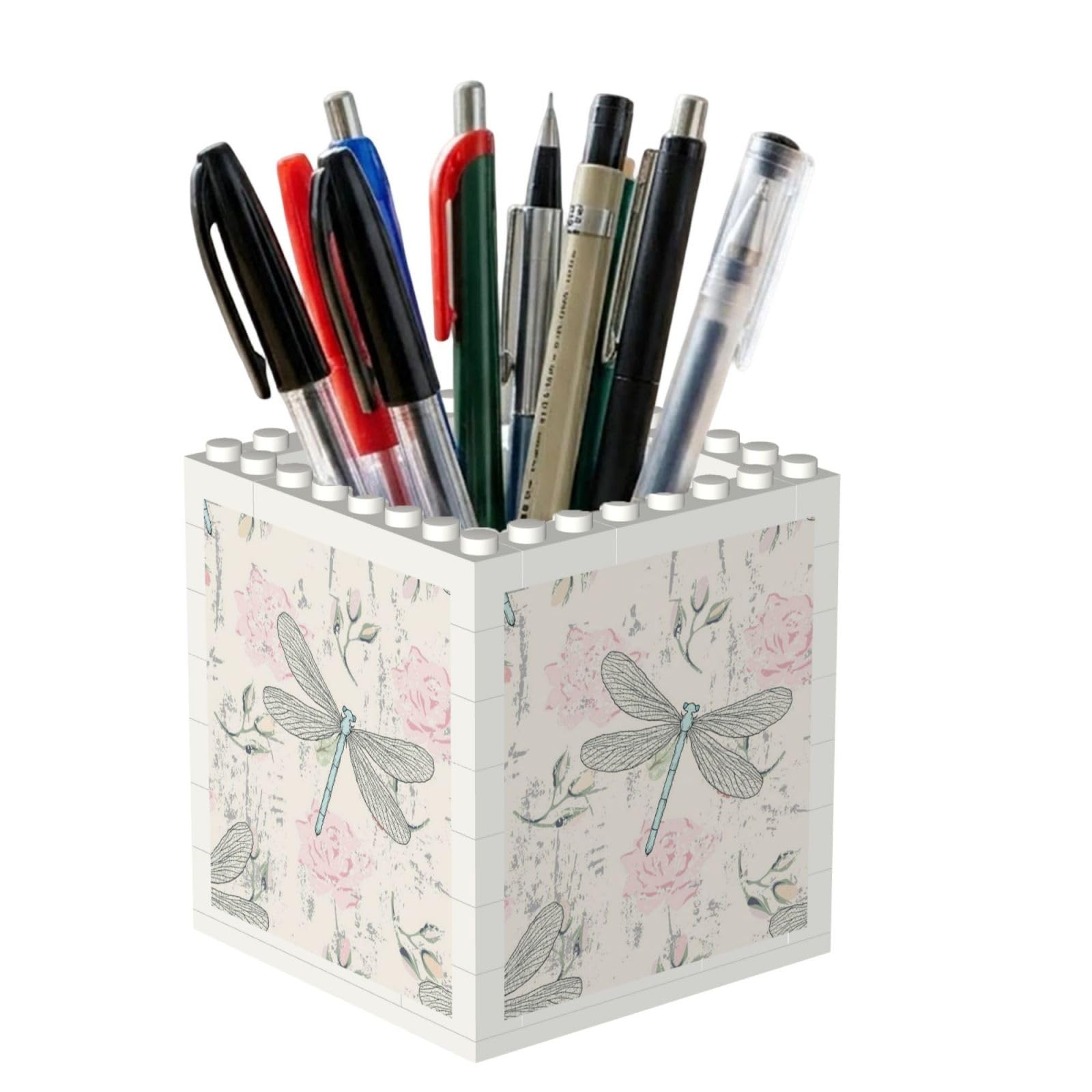 Poadnly Dragonfly Shabby Chic Roses Worn Old Vintage Floral, Pen Pot Pencil Holder for Office Home School, Compact Desk Organiser for Office Stationery