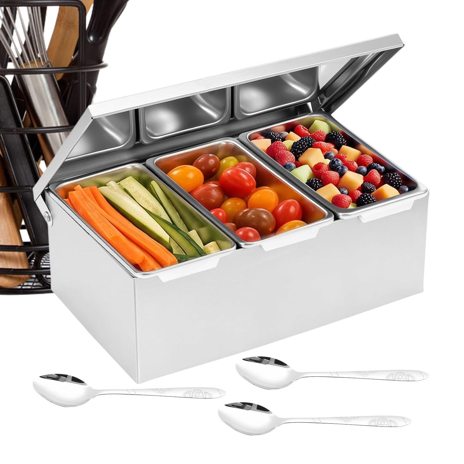 Especiera de acero inoxidable con cuchara y bandeja para guardar condimentos