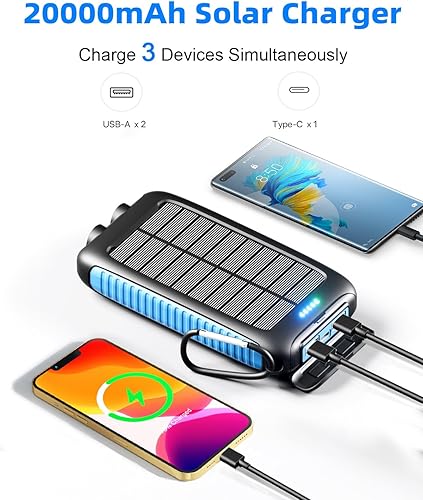 Miniatura 2 de Cargador solar, banco de energía solar portátil de 20000 mAh - IPX5 impermeable con panel solar integrado y linterna LED, cargador de teléfono solar