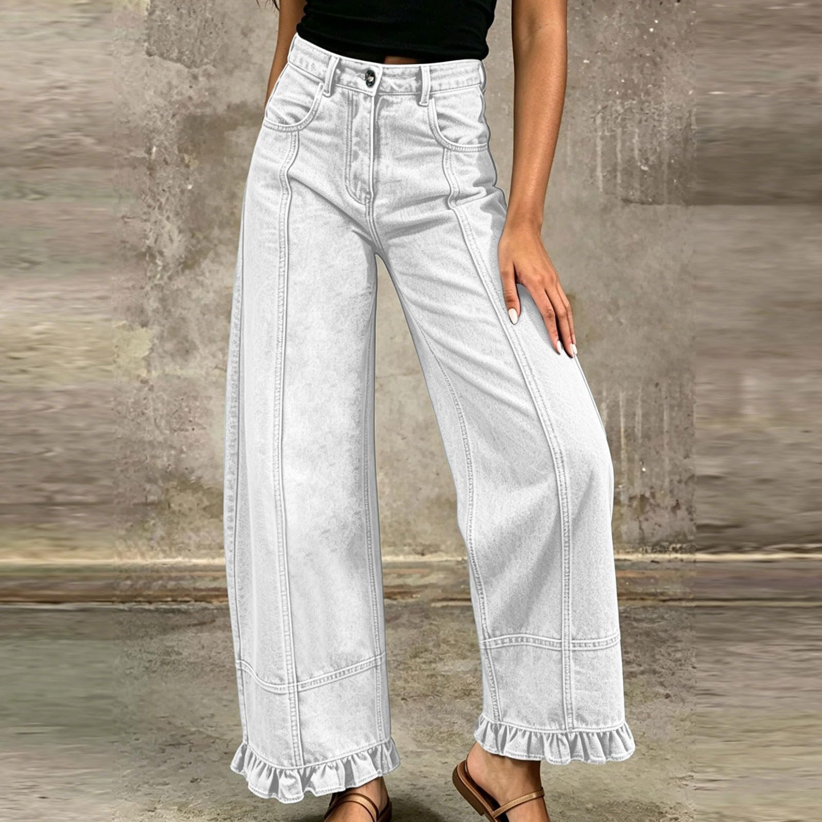 Jeans da Donna Eleganti a Gamba Larga in Tinta Unita con Una Delicata Balza