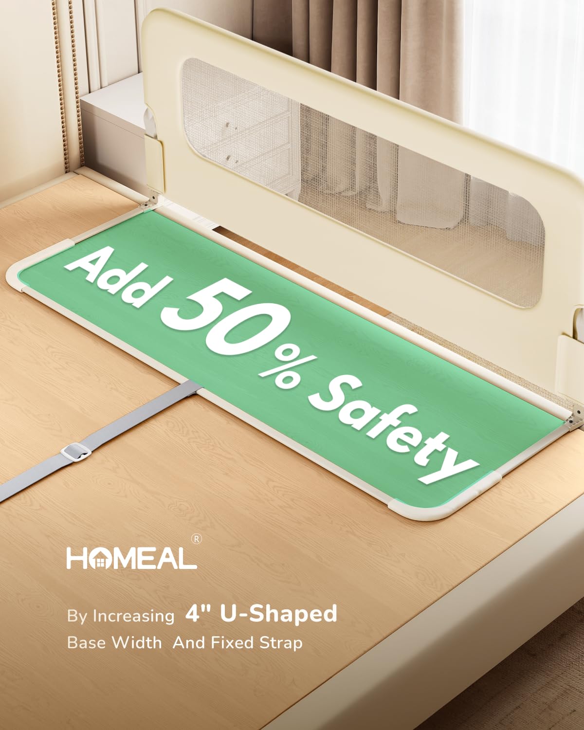 HOMEAL Barandilla de cama para niños pequeños con base en forma de U – 47 x 24 pulgadas, protector plegable para cama de bebé tamaño King, Queen, matrimonial, individual, beige, 1 paquete