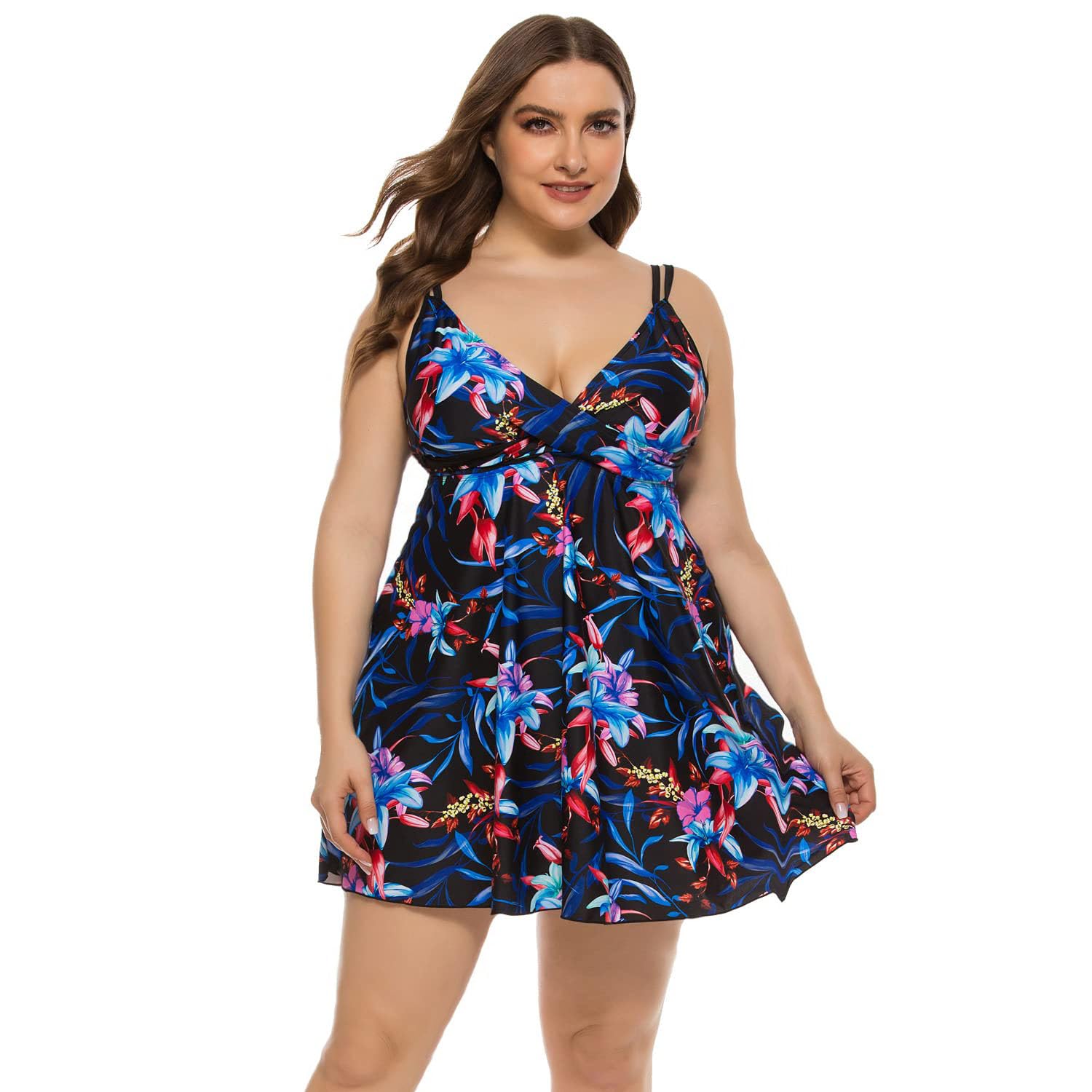 BEACHKINI Traje de baño de Dos Piezas para Mujer,Top de Falda de Chaleco de Doble Hombro con Pantalones Cortos,Vestido de Playa Tankini