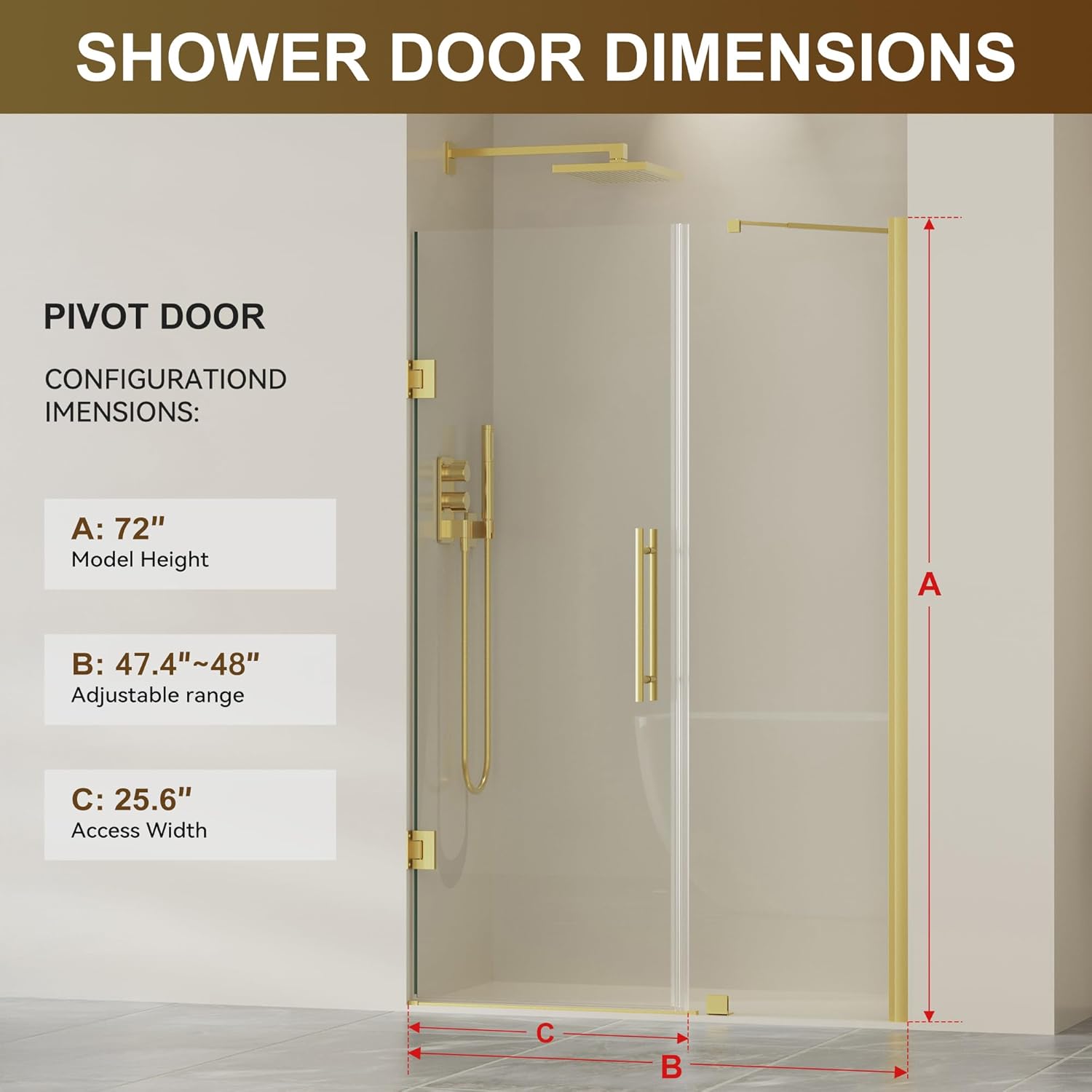 Findepot Frameless Pivot Glass Shower Door 48" W × 72" H, Pivot Swing Shower Door with 1/4" SGCC Tempered Glass, Brushed Gold