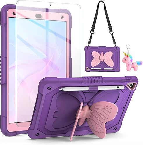 Funda para iPad de 9, 8 y 7 generación, con protector de pantalla, soporte de mariposa, correa para el hombro, llavero y soporte para lápices, iPad