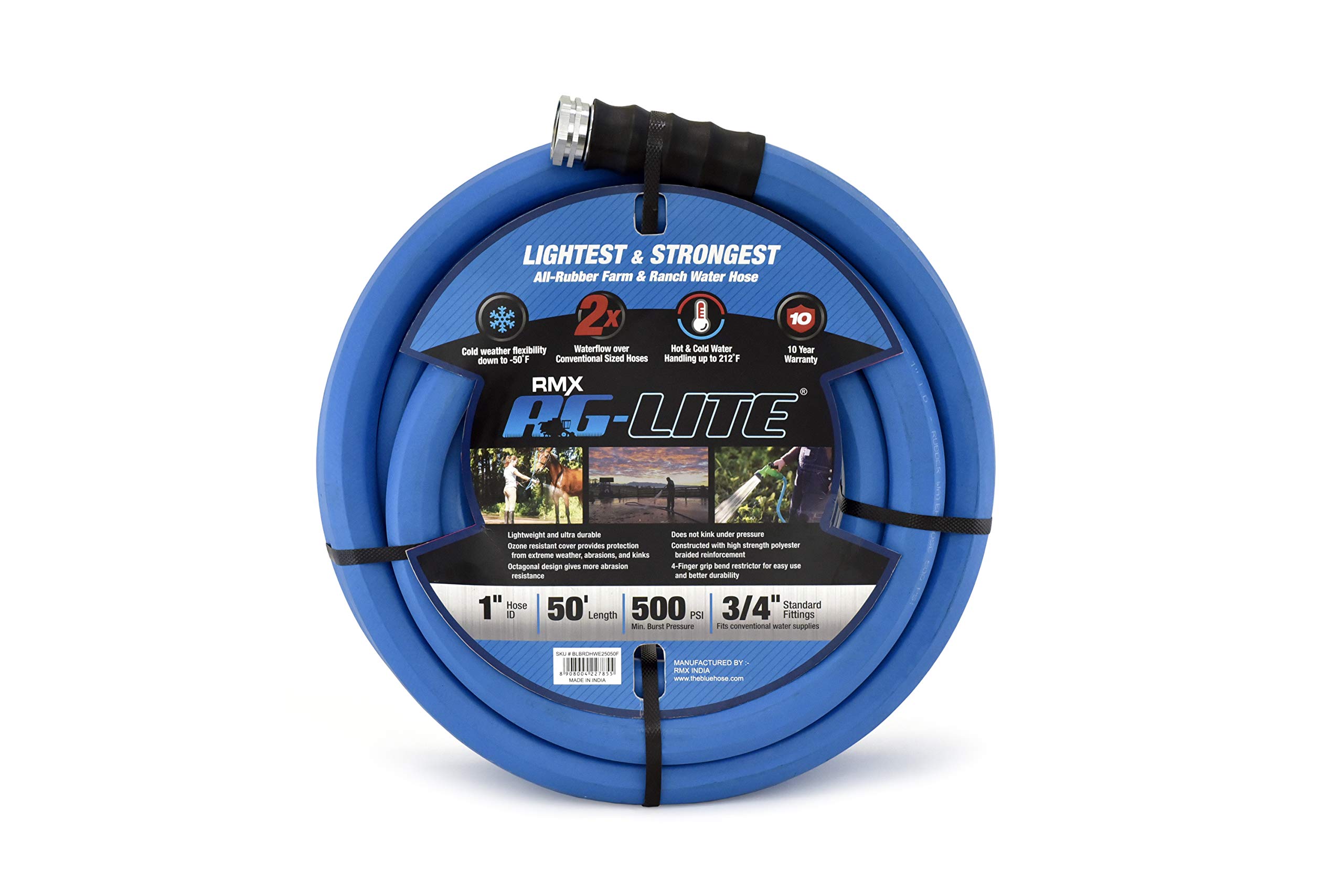 AG-Lite Rubber Hot & Cold Water Rubber Garden Hose: Ultra-Light & Super Strong - 2X the water flow than 5/8" hose (1"x 50') - BSALONE50