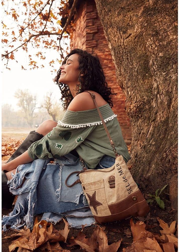 Myra Bag Western Leather Crossbody Bag for Women - Upcycled Canvas Shoulder Bag Warsaw - Image 2