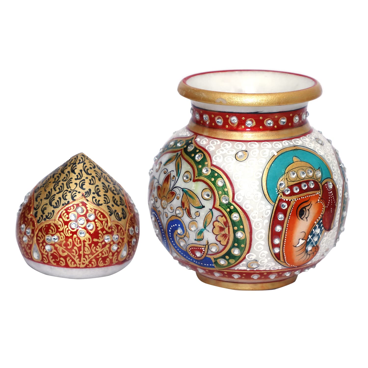 Anjali Arts Marble Handicraft Designer Decorative Kalash for Pooja |Ganesh Printed Design Handmade Meenakari Work Makarana Marble Kalash |(20 x 20 x12 CM) (Pack of 1) 2