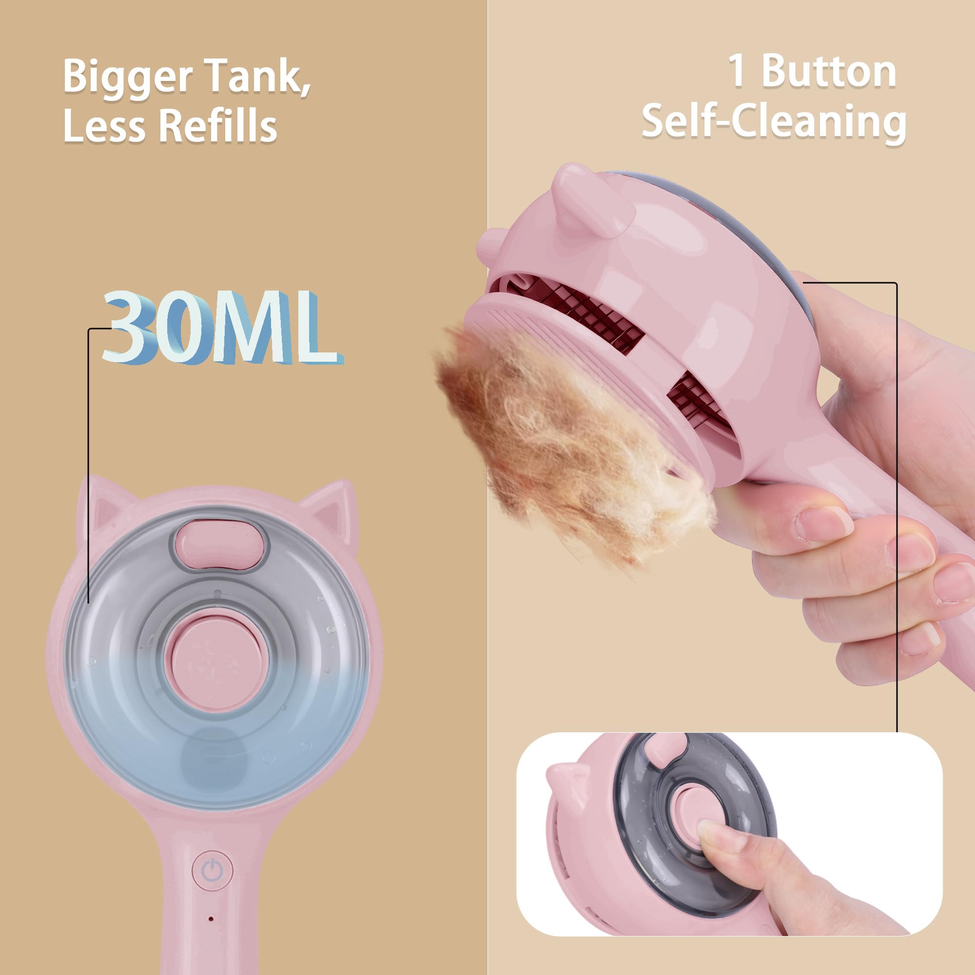 Haustier-Dampfbürste für Katzen und Hunde, 3-in-1-Pflegekamm, reduziert Haarausfall, weiche Borsten, fördert gesundes Fell, inklusive wasserlosem Shampoo, Rosa