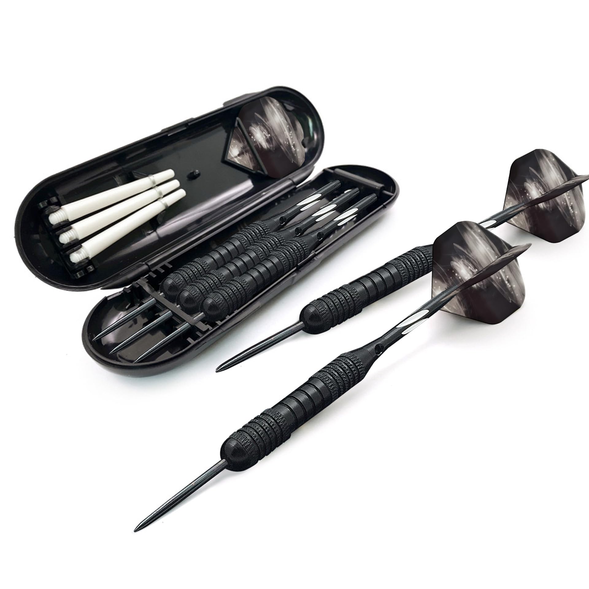 PRK 14 Professional Darts Set - 3 x 22g All Black With Black Smoke Flights Steel Tips Aluminum Shafts In Travel Case with Accessories Stems and Spare Flights โ image 1
