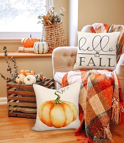 Miniatura 4 de 4TH Emotion Juego de 4 fundas de almohada decorativas de otoño de 20 x 20 pulgadas, diseño de calabaza naranja para decoración de casa de campo,