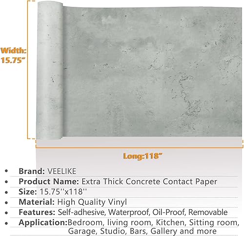Miniatura 2 de VEELIKE Papel tapiz de hormigón de 15.7 x 118 pulgadas, papel de contacto de hormigón envejecido para encimeras, impermeable, extraíble, industrial,
