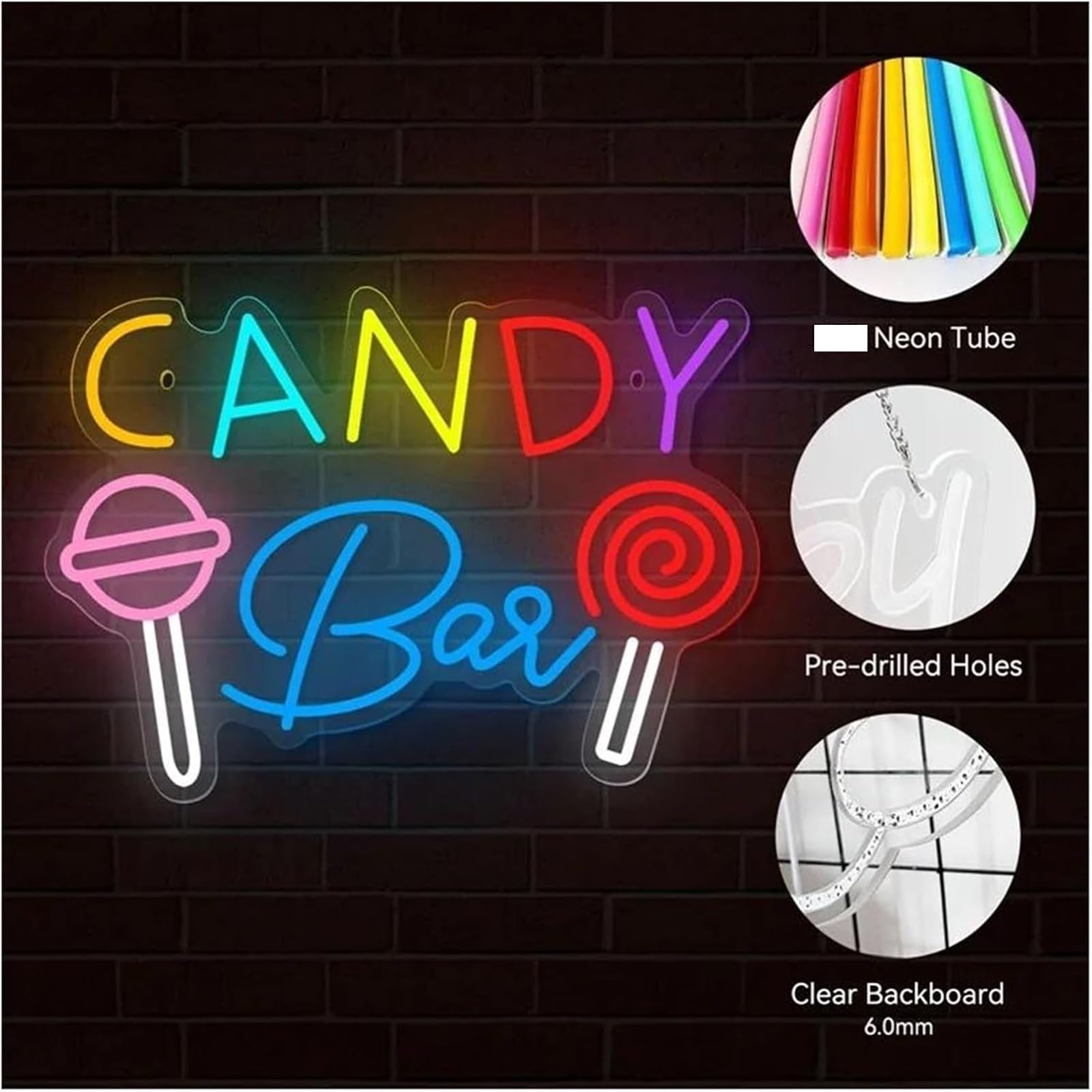 Per lampada al neon a LED in acrilico per lecca-lecca e zuccheri per la decorazione della parete di casa camera da letto